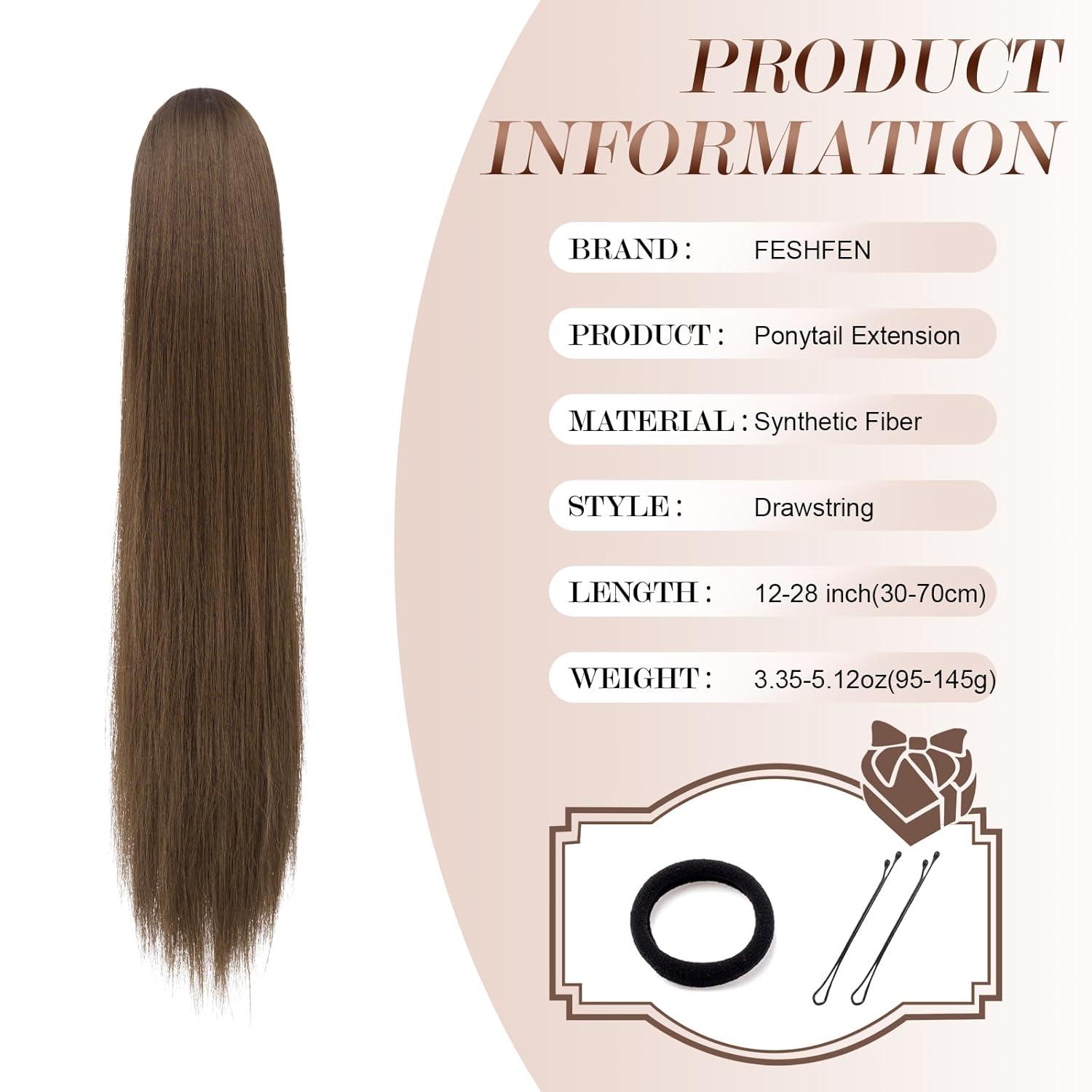 imageFESHFEN Drawstring Ponytail Extensions Natural Long Straight Clip in Synthetic Hair Pieces Drawstring Ponytails Hairpieces for Women Light Brown 20 inchMoss BrownDrawstring