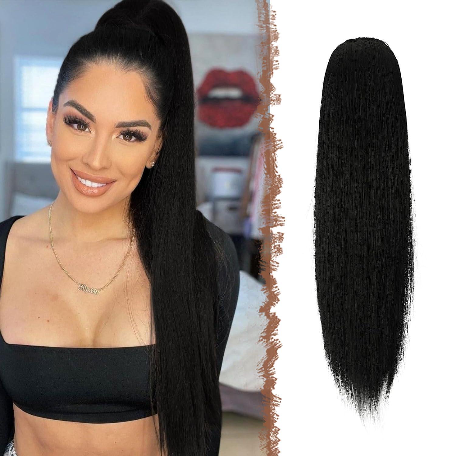 imageFESHFEN Drawstring Ponytail Extensions Natural Long Straight Clip in Synthetic Hair Pieces Drawstring Ponytails Hairpieces for Women Light Brown 20 inch1 Natural BlackDrawstring