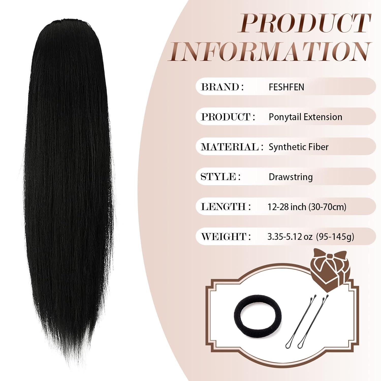 imageFESHFEN Drawstring Ponytail Extensions Natural Long Straight Clip in Synthetic Hair Pieces Drawstring Ponytails Hairpieces for Women Light Brown 20 inchDark BrownDrawstring