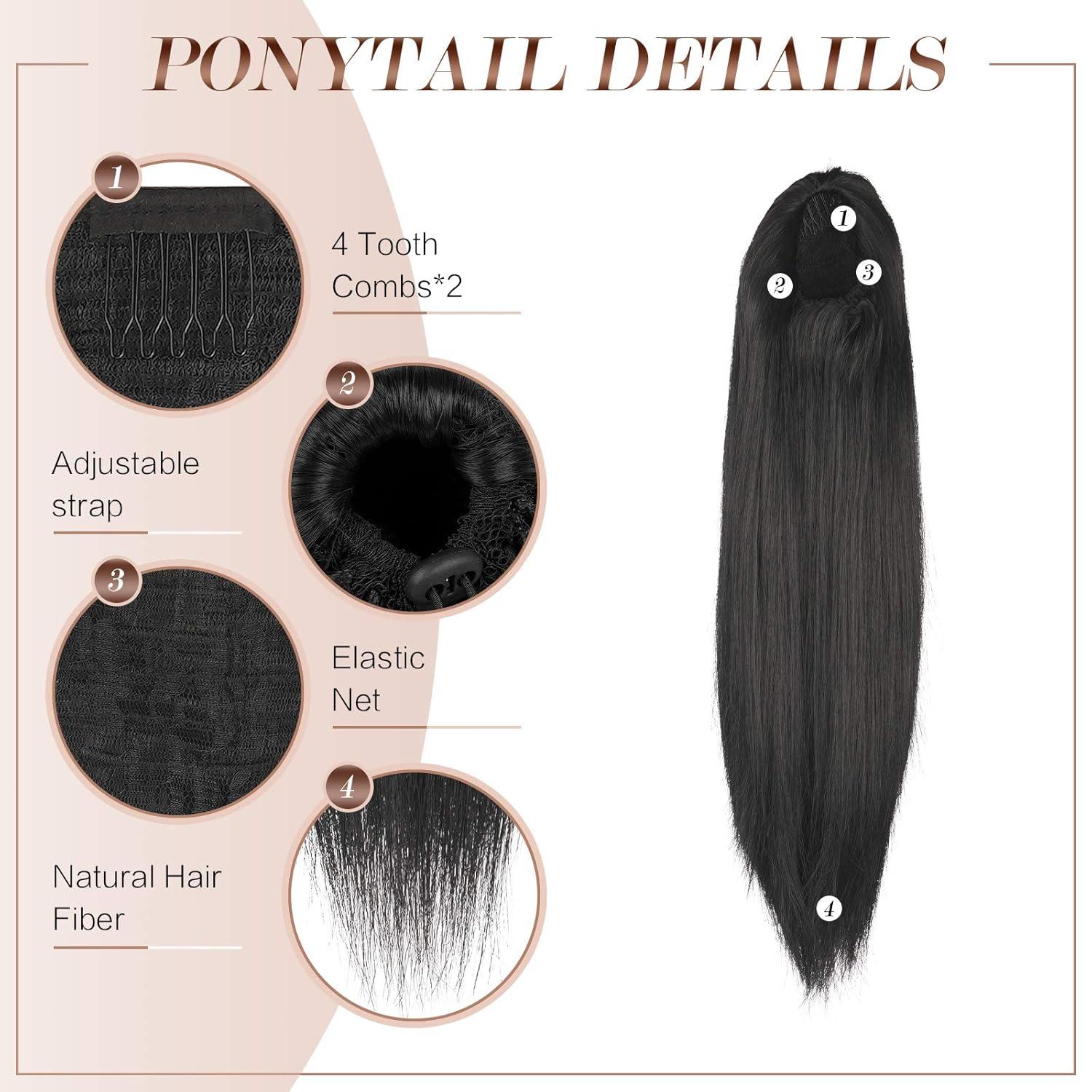 imageFESHFEN Drawstring Ponytail Extensions Natural Long Straight Clip in Synthetic Hair Pieces Drawstring Ponytails Hairpieces for Women Light Brown 20 inch4 Black BrownDrawstring
