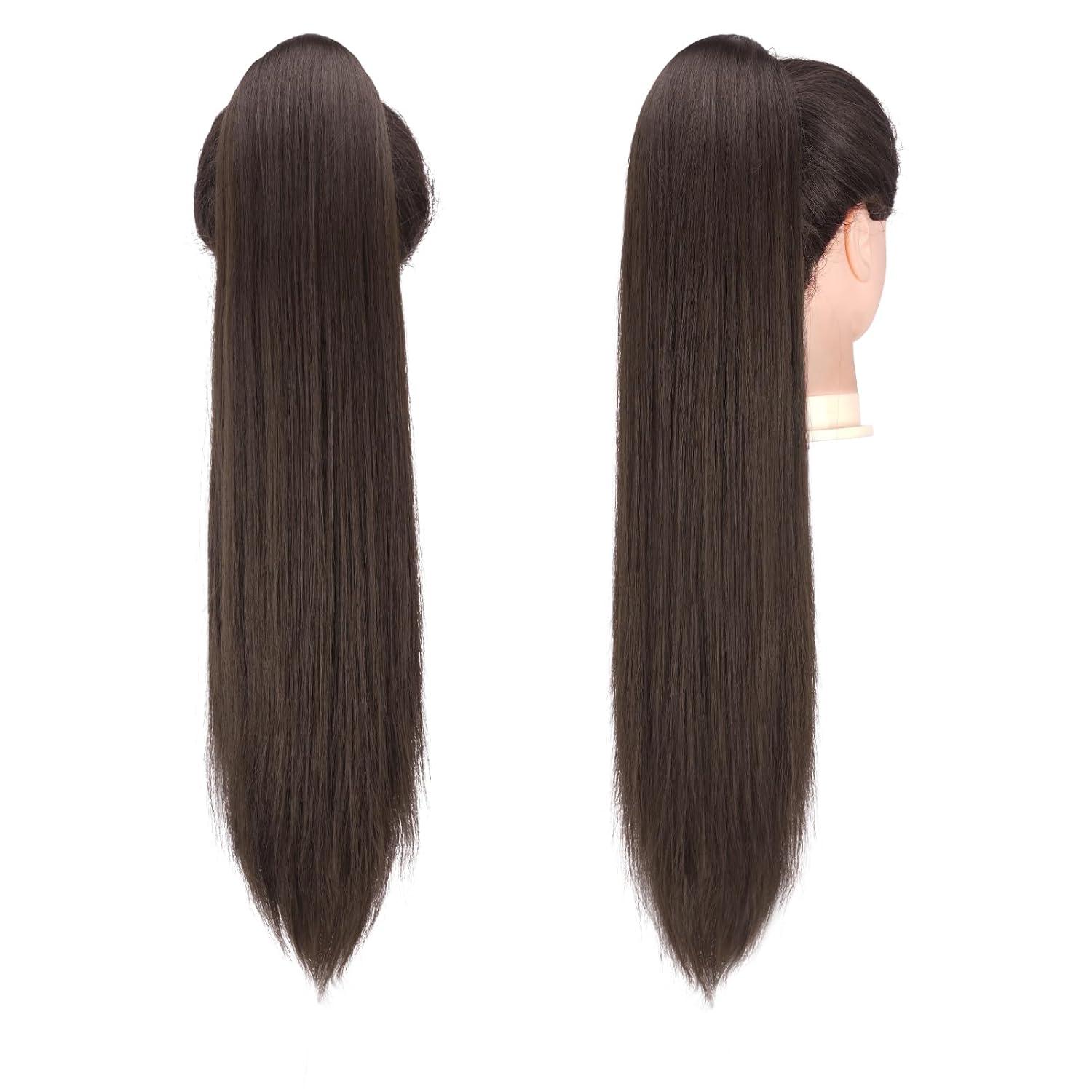 imageFESHFEN Drawstring Ponytail Extensions Natural Long Straight Clip in Synthetic Hair Pieces Drawstring Ponytails Hairpieces for Women Light Brown 20 inchBrownDrawstring