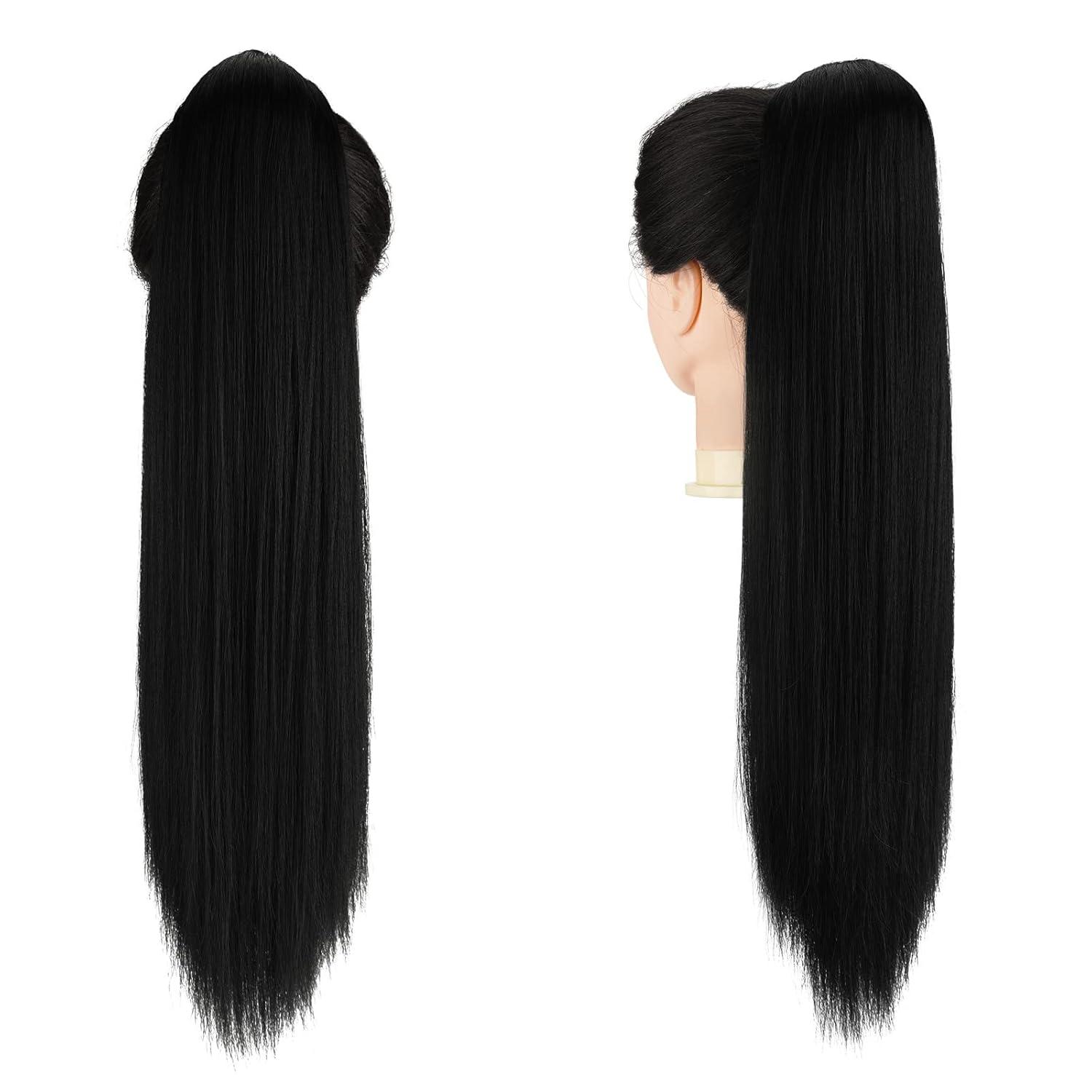 imageFESHFEN Drawstring Ponytail Extensions Natural Long Straight Clip in Synthetic Hair Pieces Drawstring Ponytails Hairpieces for Women Light Brown 20 inchNatural BlackDrawstring