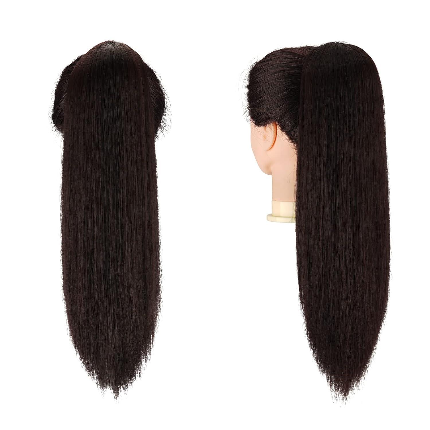 imageFESHFEN Drawstring Ponytail Extensions Natural Long Straight Clip in Synthetic Hair Pieces Drawstring Ponytails Hairpieces for Women Light Brown 20 inchDark BrownDrawstring