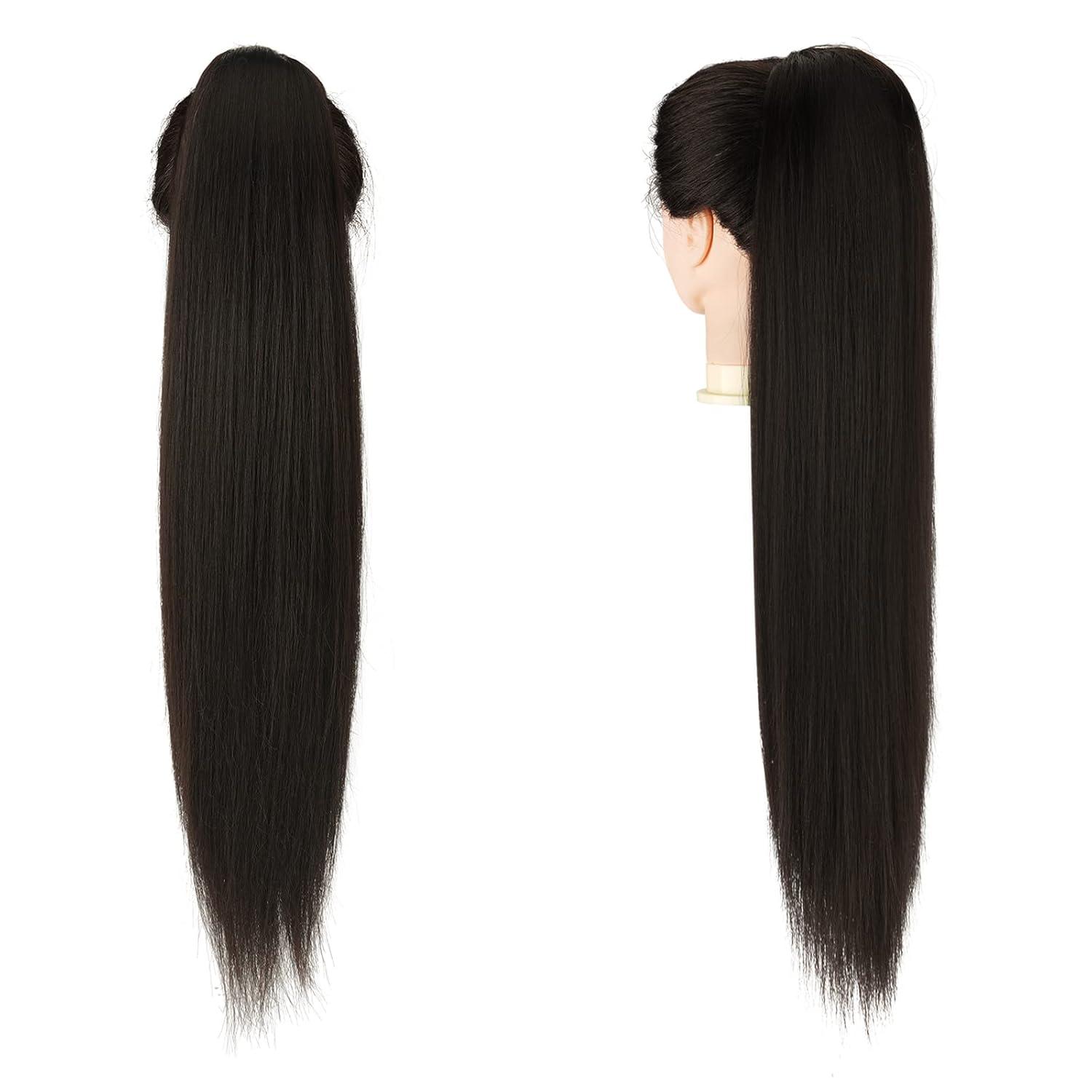 imageFESHFEN Drawstring Ponytail Extensions Natural Long Straight Clip in Synthetic Hair Pieces Drawstring Ponytails Hairpieces for Women Light Brown 20 inchBlack BrownDrawstring
