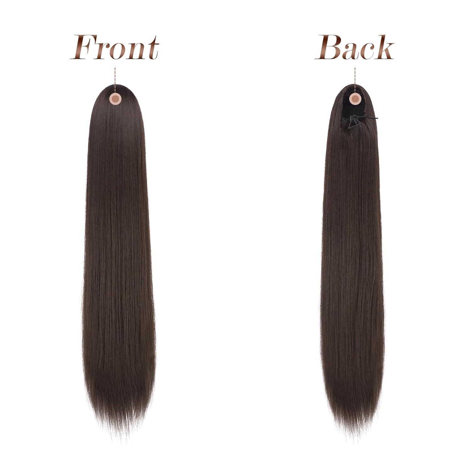 imageFESHFEN Drawstring Ponytail Extensions Natural Long Straight Clip in Synthetic Hair Pieces Drawstring Ponytails Hairpieces for Women Light Brown 20 inchBrownDrawstring