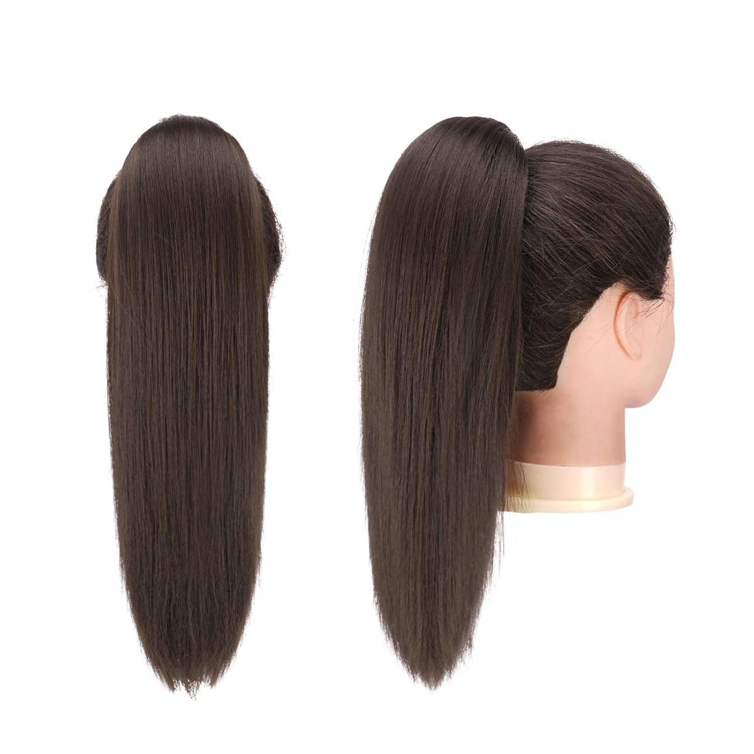 imageFESHFEN Drawstring Ponytail Extensions Natural Long Straight Clip in Synthetic Hair Pieces Drawstring Ponytails Hairpieces for Women Light Brown 20 inchBrownDrawstring