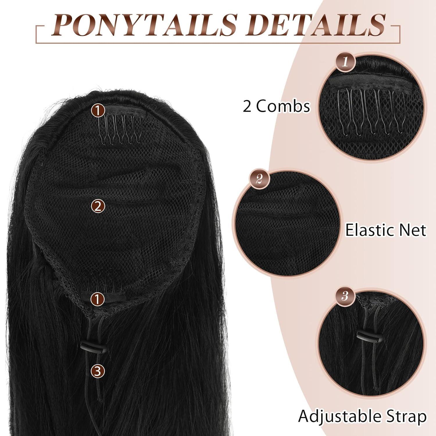 imageFESHFEN Drawstring Ponytail Extensions Natural Long Straight Clip in Synthetic Hair Pieces Drawstring Ponytails Hairpieces for Women Light Brown 20 inchNatural BlackDrawstring