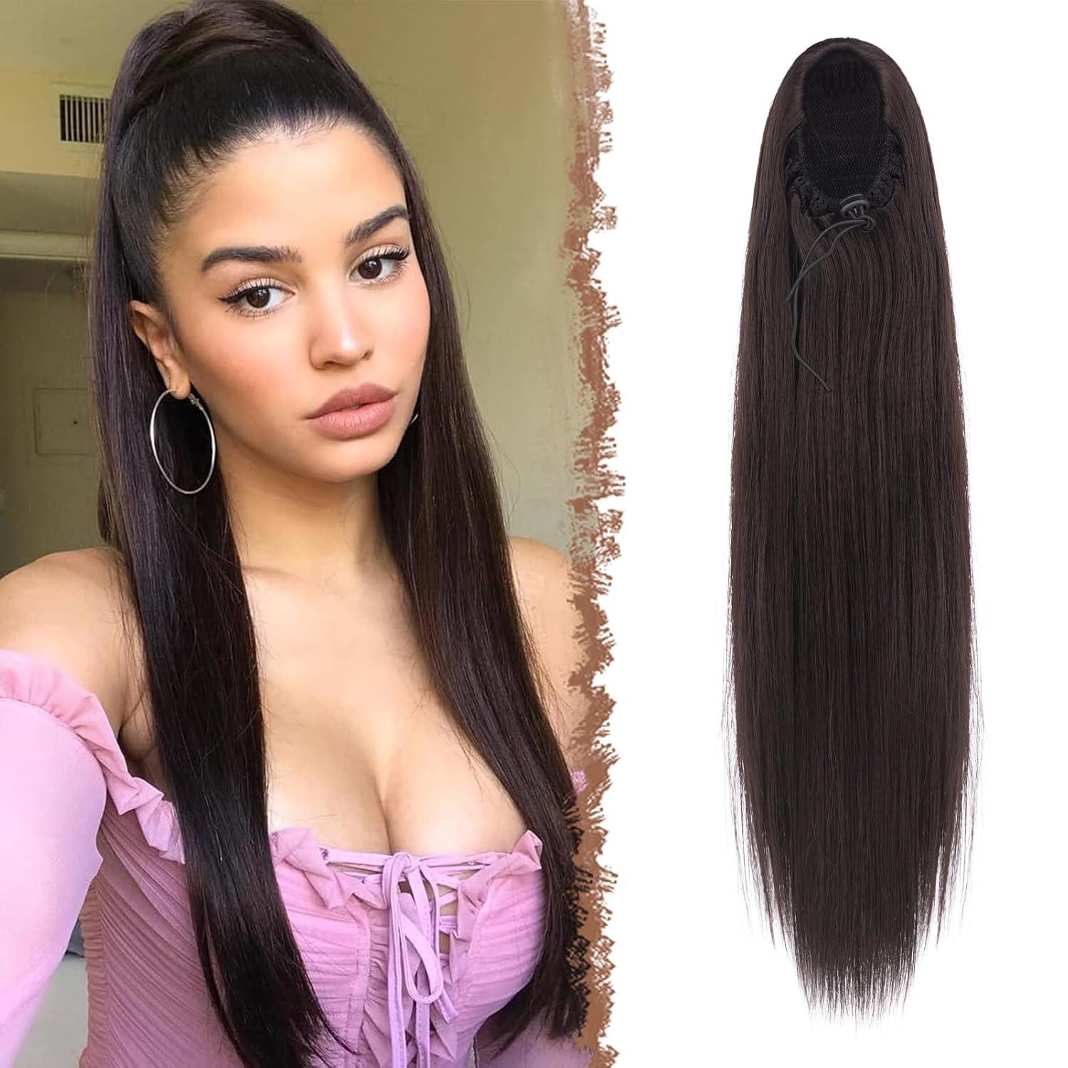imageFESHFEN Drawstring Ponytail Extensions Natural Long Straight Clip in Synthetic Hair Pieces Drawstring Ponytails Hairpieces for Women Light Brown 20 inch6 Darkest BrownDrawstring