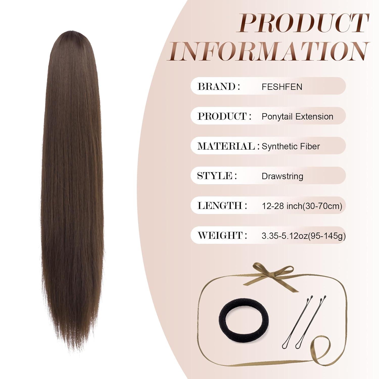 imageFESHFEN Drawstring Ponytail Extensions Natural Long Straight Clip in Synthetic Hair Pieces Drawstring Ponytails Hairpieces for Women Light Brown 20 inchLight BrownDrawstring