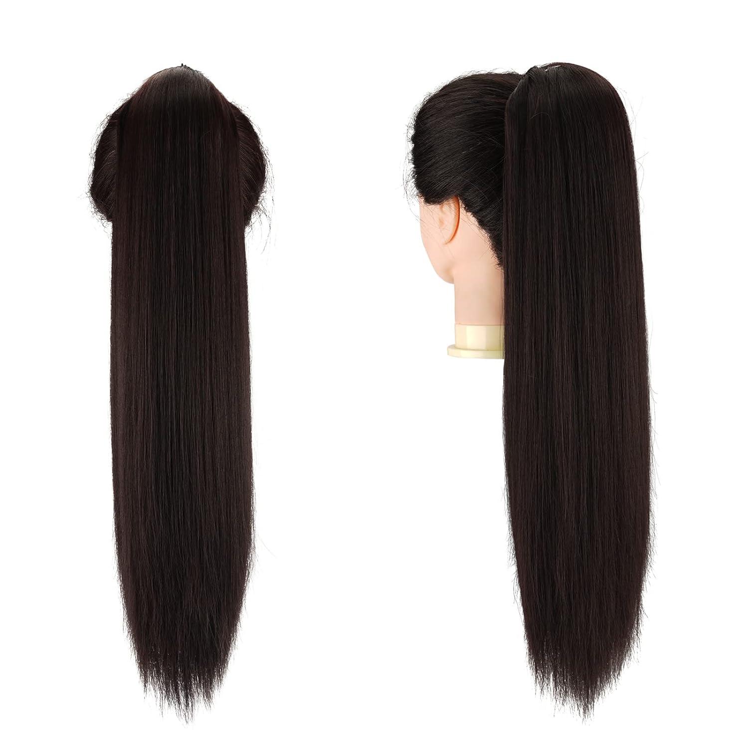 imageFESHFEN Drawstring Ponytail Extensions Natural Long Straight Clip in Synthetic Hair Pieces Drawstring Ponytails Hairpieces for Women Light Brown 20 inch6 Darkest BrownDrawstring
