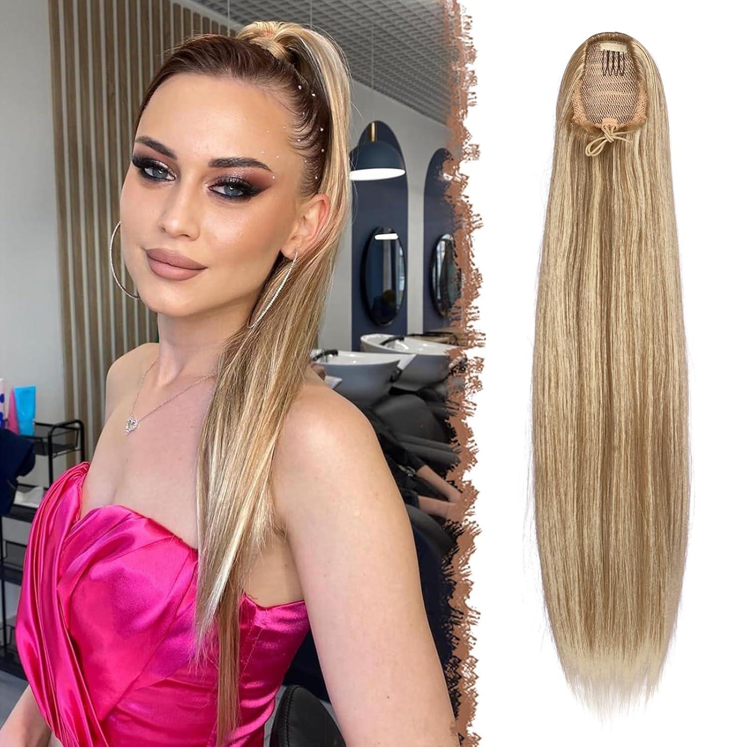 imageFESHFEN Drawstring Ponytail Extensions Natural Long Straight Clip in Synthetic Hair Pieces Drawstring Ponytails Hairpieces for Women Light Brown 20 inchMixed BlondeDrawstring
