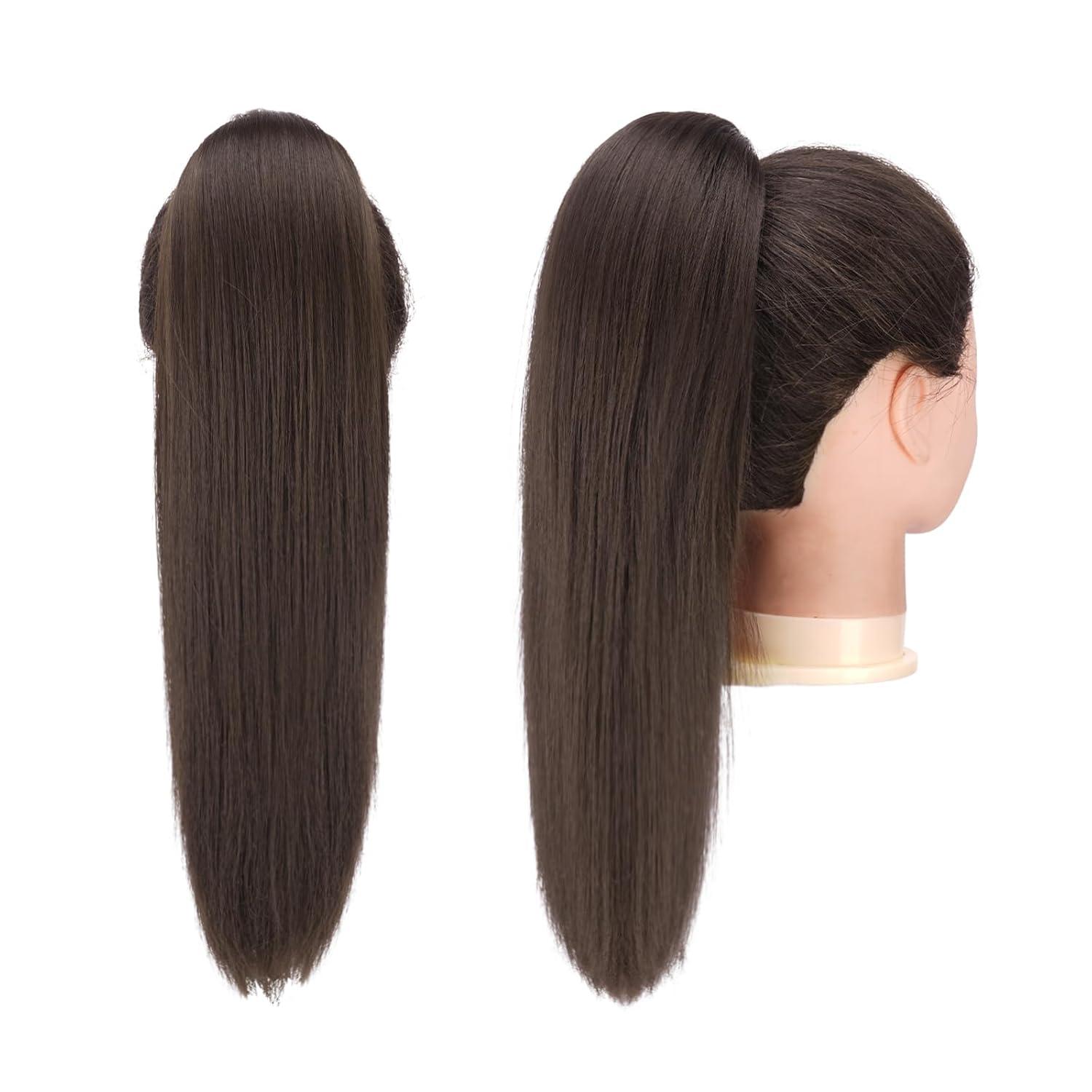 imageFESHFEN Drawstring Ponytail Extensions Natural Long Straight Clip in Synthetic Hair Pieces Drawstring Ponytails Hairpieces for Women Light Brown 20 inchBrownDrawstring