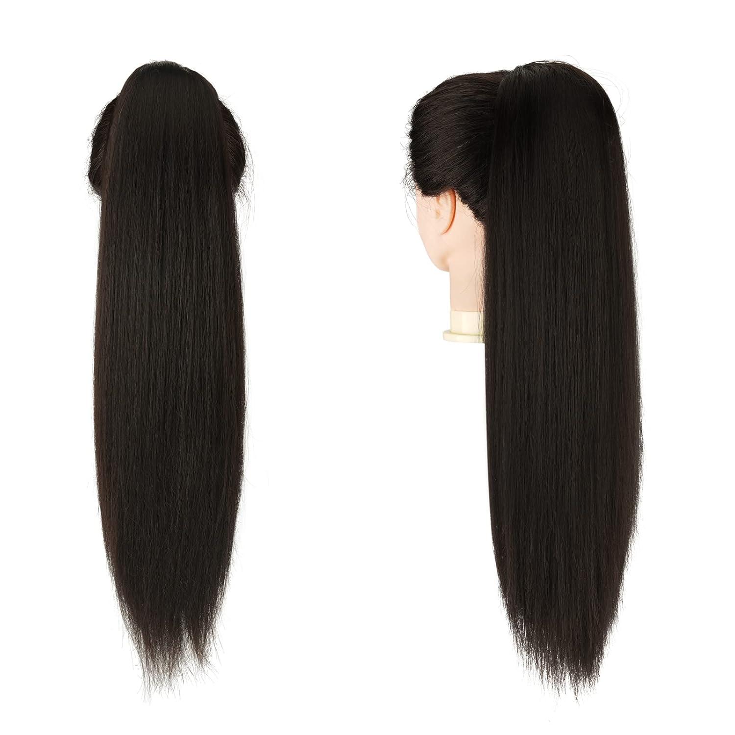 imageFESHFEN Drawstring Ponytail Extensions Natural Long Straight Clip in Synthetic Hair Pieces Drawstring Ponytails Hairpieces for Women Light Brown 20 inchBlack BrownDrawstring