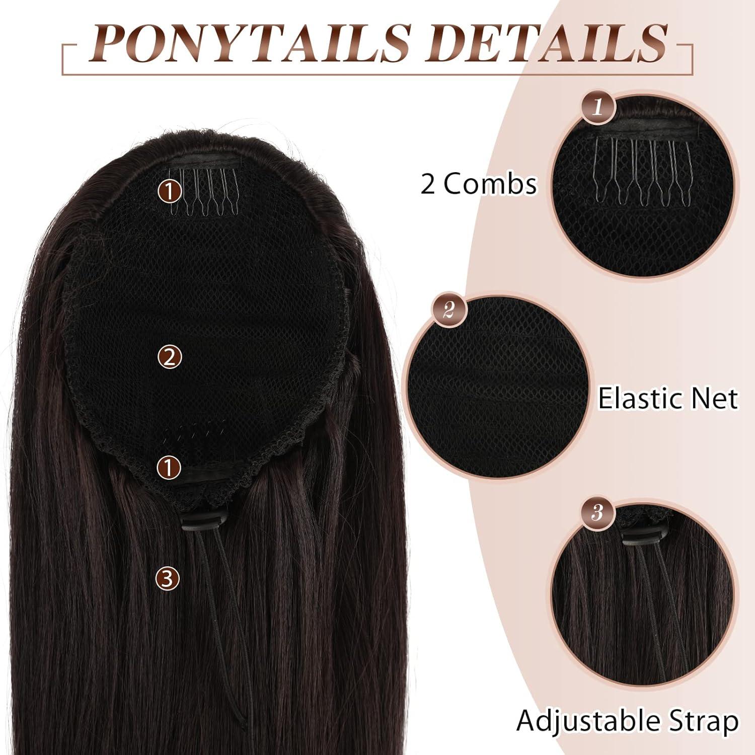 imageFESHFEN Drawstring Ponytail Extensions Natural Long Straight Clip in Synthetic Hair Pieces Drawstring Ponytails Hairpieces for Women Light Brown 20 inchDark BrownDrawstring