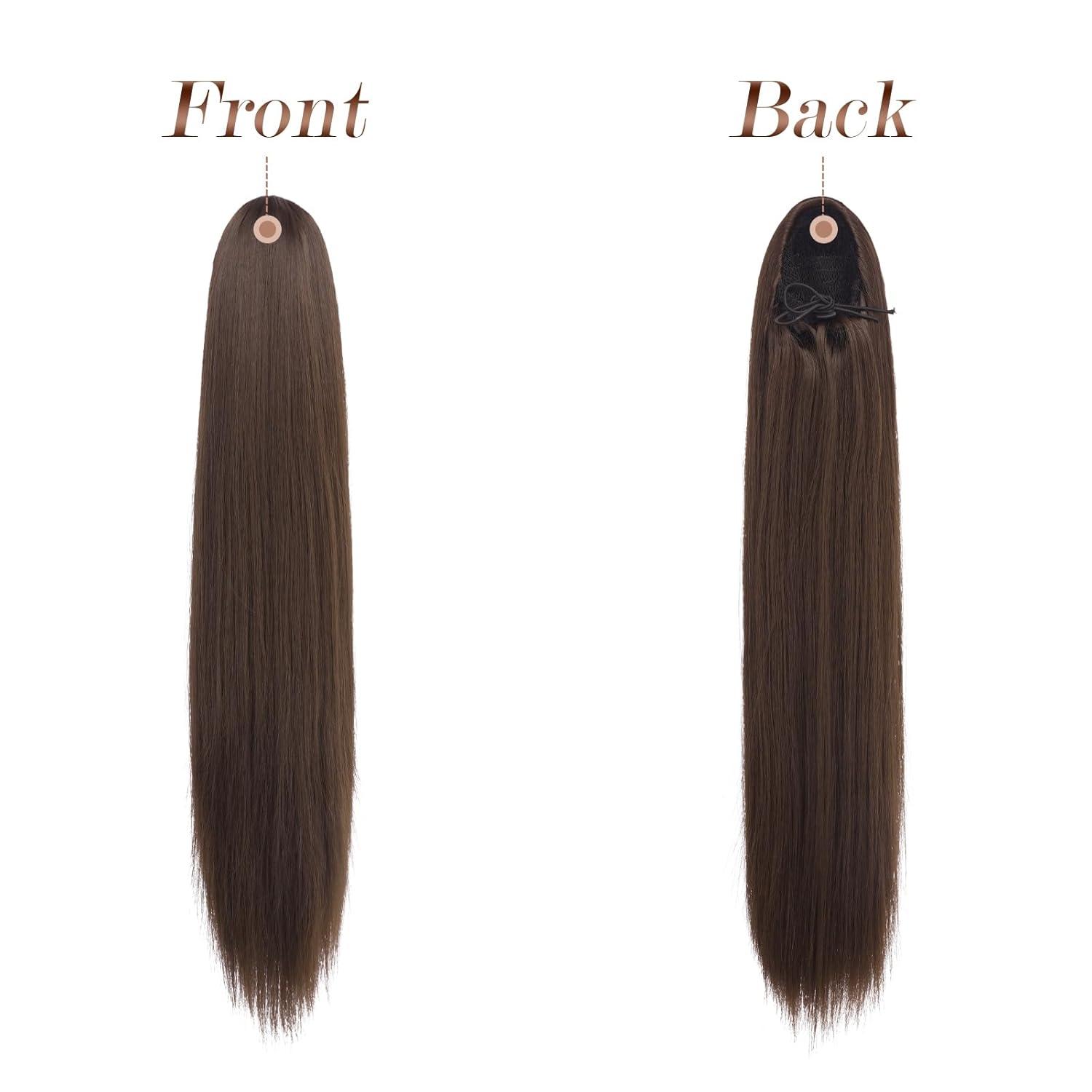 imageFESHFEN Drawstring Ponytail Extensions Natural Long Straight Clip in Synthetic Hair Pieces Drawstring Ponytails Hairpieces for Women Light Brown 20 inchLight BrownDrawstring