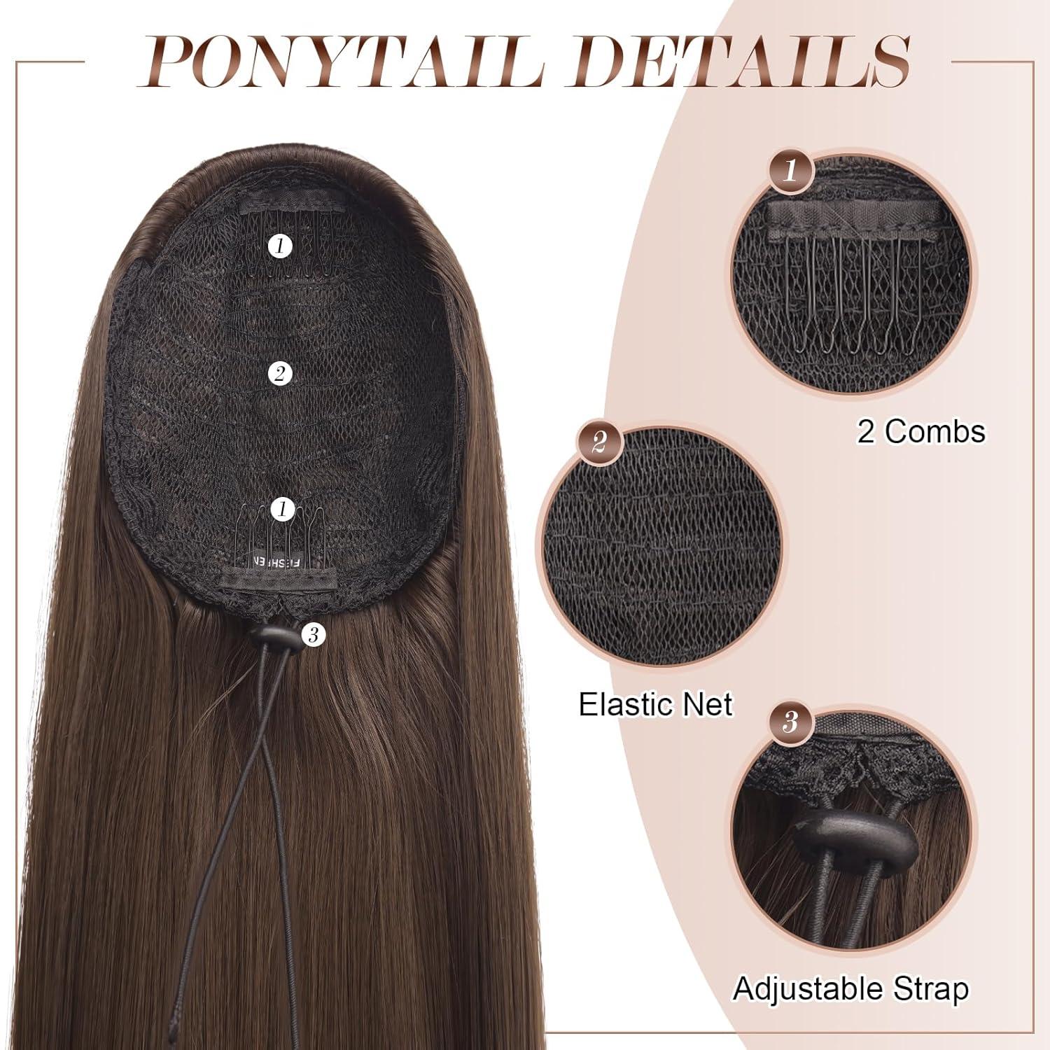 imageFESHFEN Drawstring Ponytail Extensions Natural Long Straight Clip in Synthetic Hair Pieces Drawstring Ponytails Hairpieces for Women Light Brown 20 inchLight BrownDrawstring