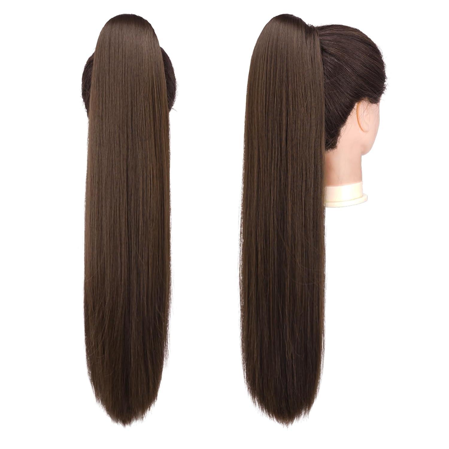 imageFESHFEN Drawstring Ponytail Extensions Natural Long Straight Clip in Synthetic Hair Pieces Drawstring Ponytails Hairpieces for Women Light Brown 20 inchLight BrownDrawstring