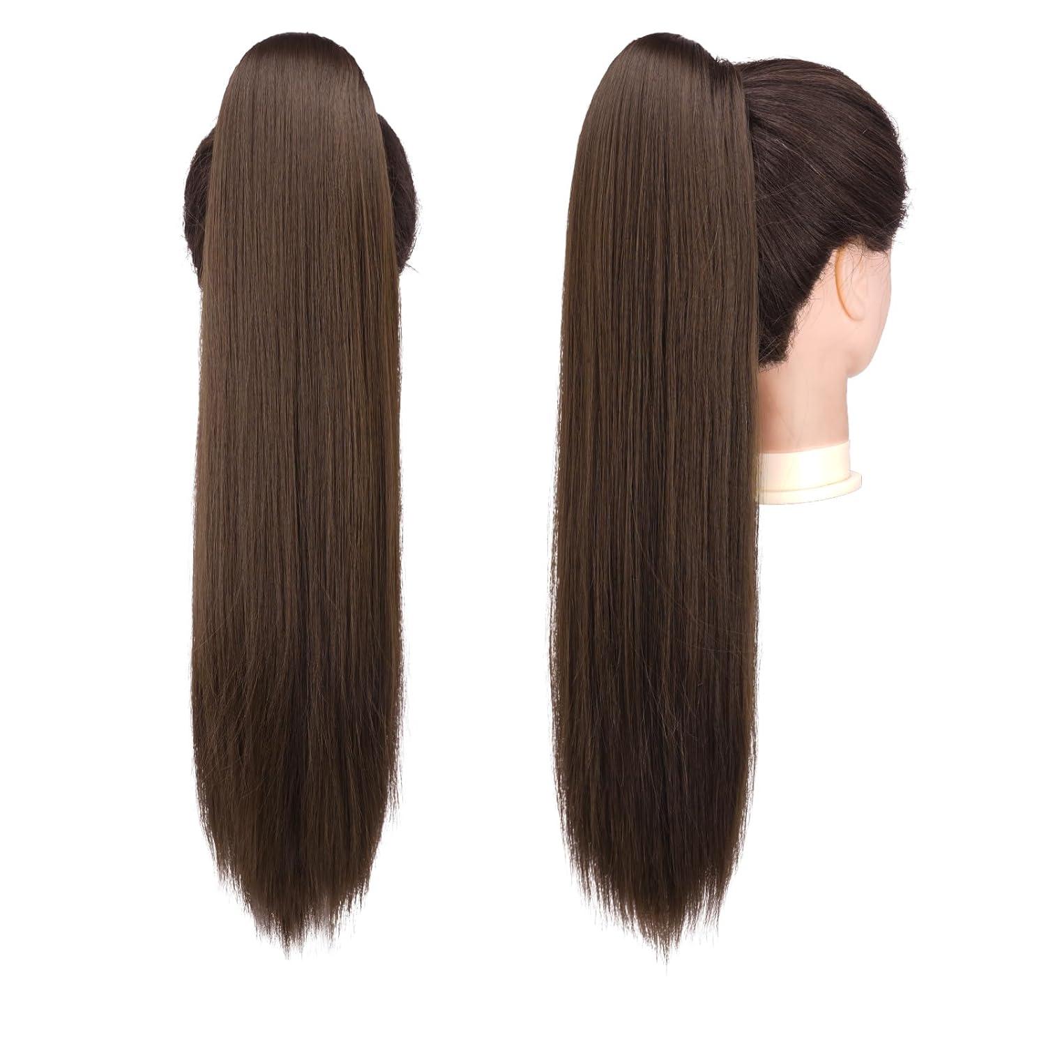 imageFESHFEN Drawstring Ponytail Extensions Natural Long Straight Clip in Synthetic Hair Pieces Drawstring Ponytails Hairpieces for Women Light Brown 20 inchLight BrownDrawstring