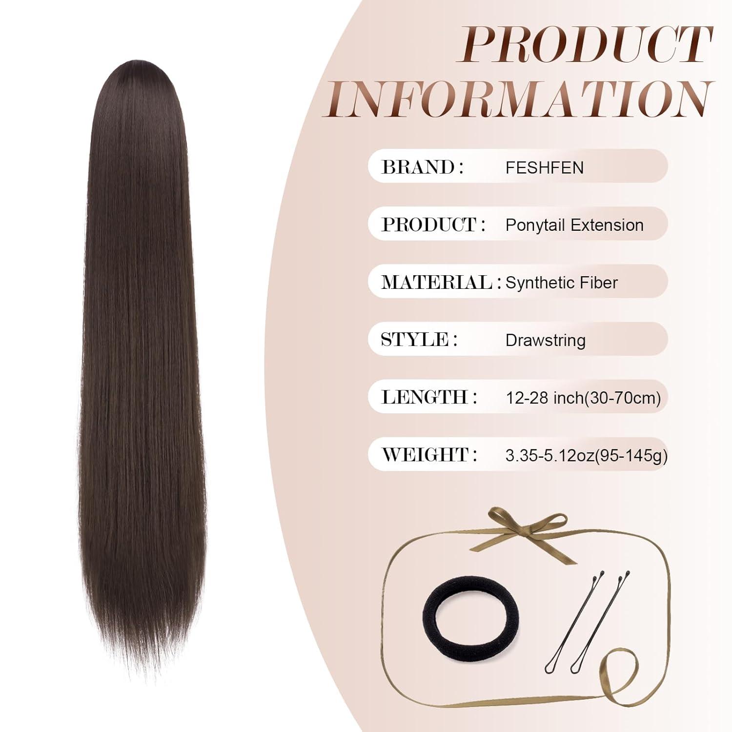 imageFESHFEN Drawstring Ponytail Extensions Natural Long Straight Clip in Synthetic Hair Pieces Drawstring Ponytails Hairpieces for Women Light Brown 20 inchBrownDrawstring