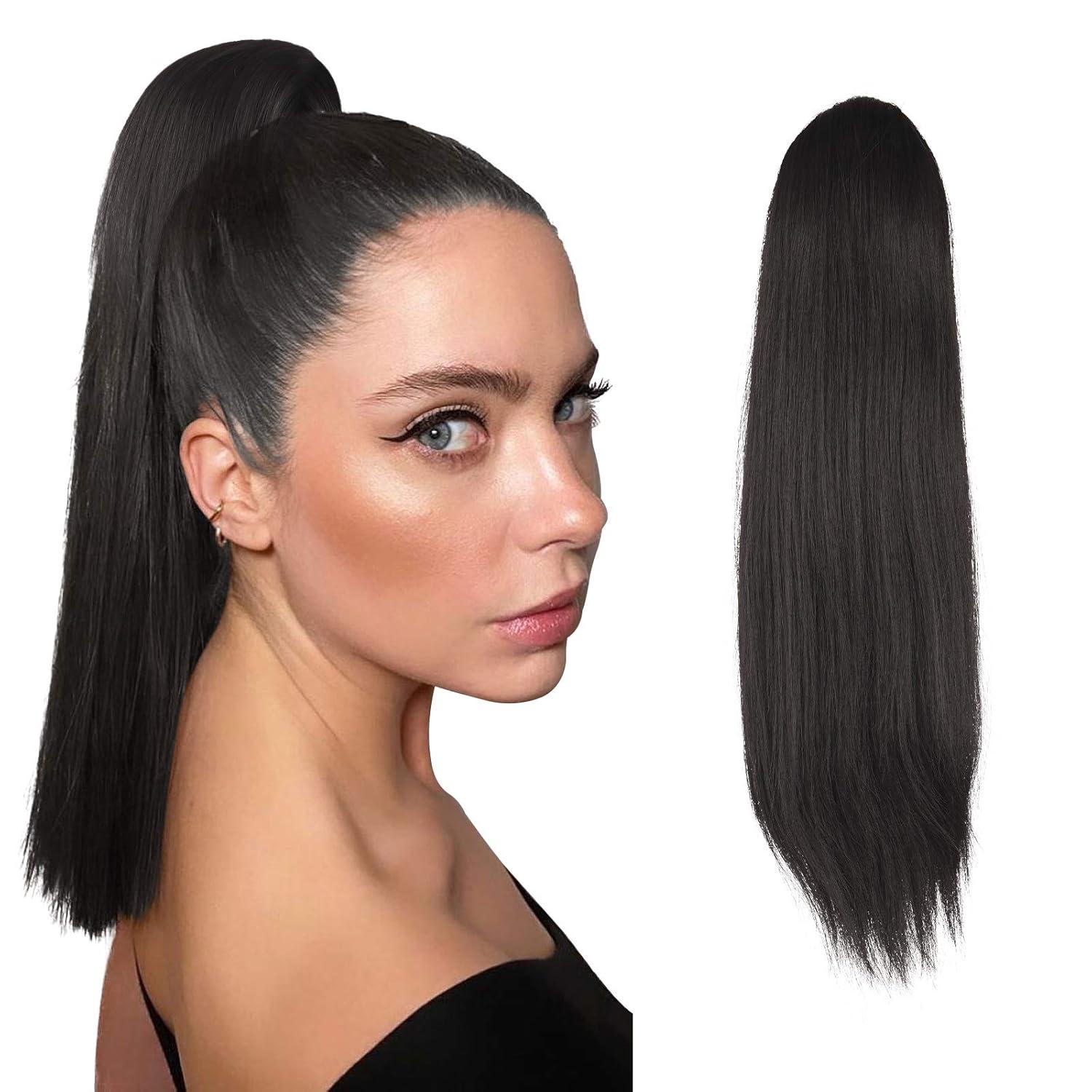 imageFESHFEN Drawstring Ponytail Extensions Natural Long Straight Clip in Synthetic Hair Pieces Drawstring Ponytails Hairpieces for Women Light Brown 20 inch4 Black BrownDrawstring