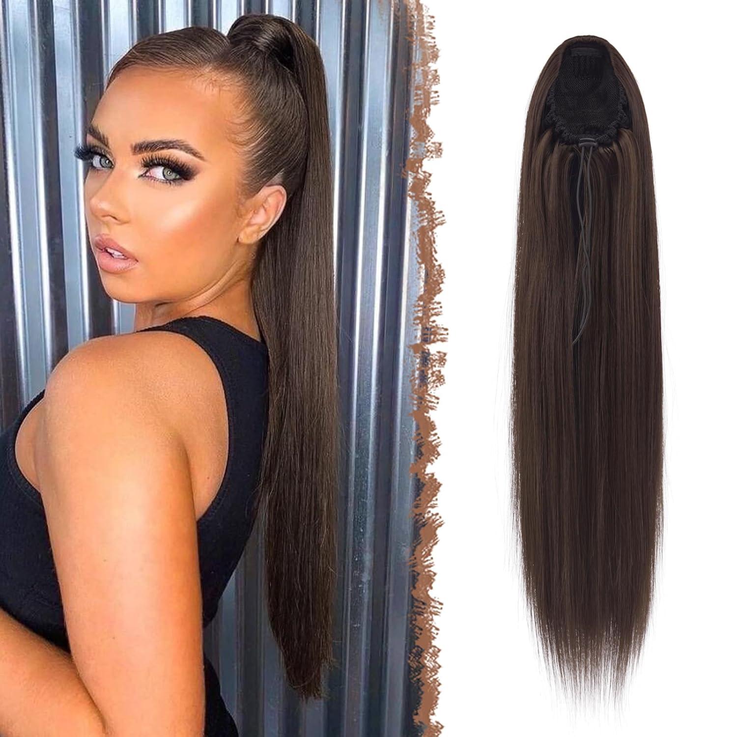 imageFESHFEN Drawstring Ponytail Extensions Natural Long Straight Clip in Synthetic Hair Pieces Drawstring Ponytails Hairpieces for Women Light Brown 20 inchBrownDrawstring