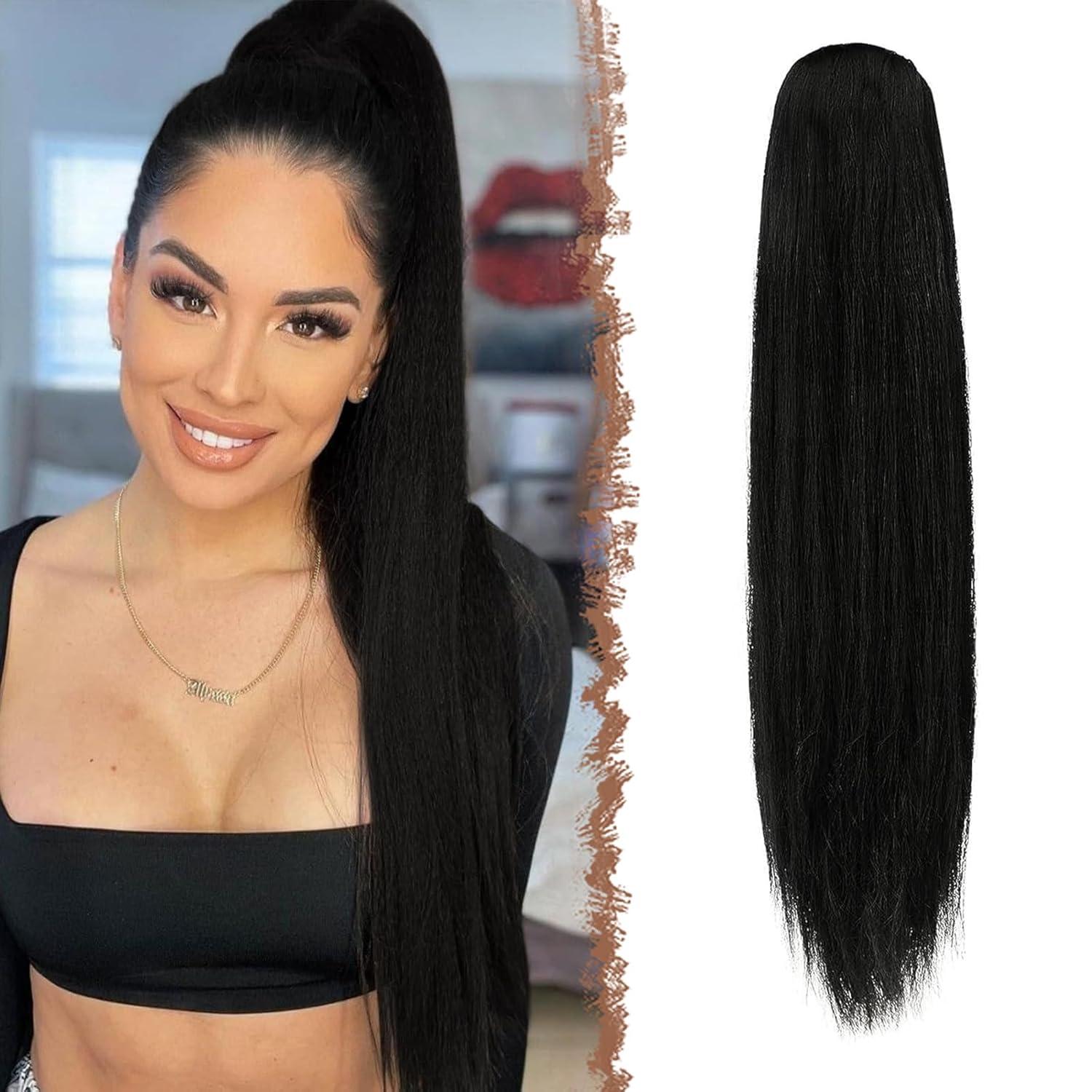 imageFESHFEN Drawstring Ponytail Extensions Natural Long Straight Clip in Synthetic Hair Pieces Drawstring Ponytails Hairpieces for Women Light Brown 20 inch1 Natural BlackDrawstring