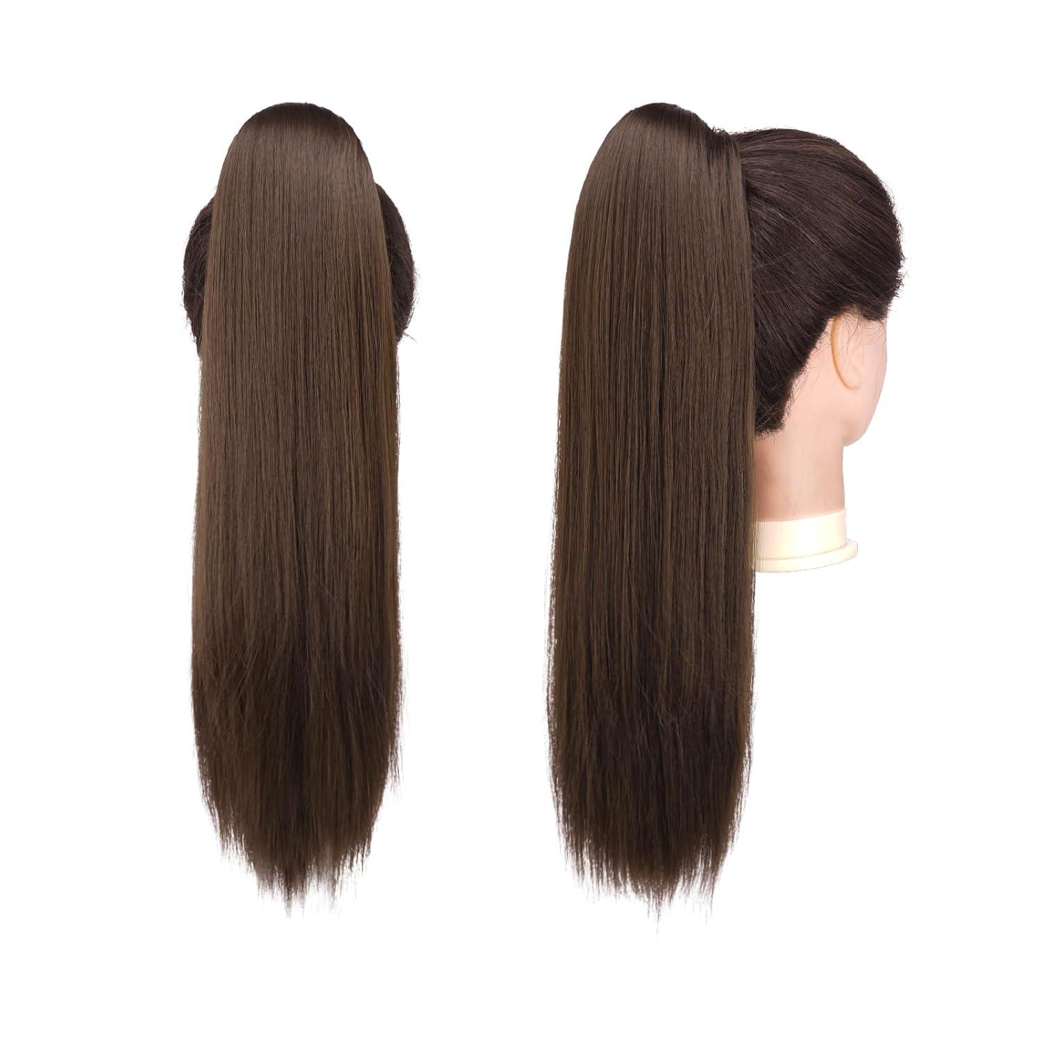 imageFESHFEN Drawstring Ponytail Extensions Natural Long Straight Clip in Synthetic Hair Pieces Drawstring Ponytails Hairpieces for Women Light Brown 20 inchLight BrownDrawstring