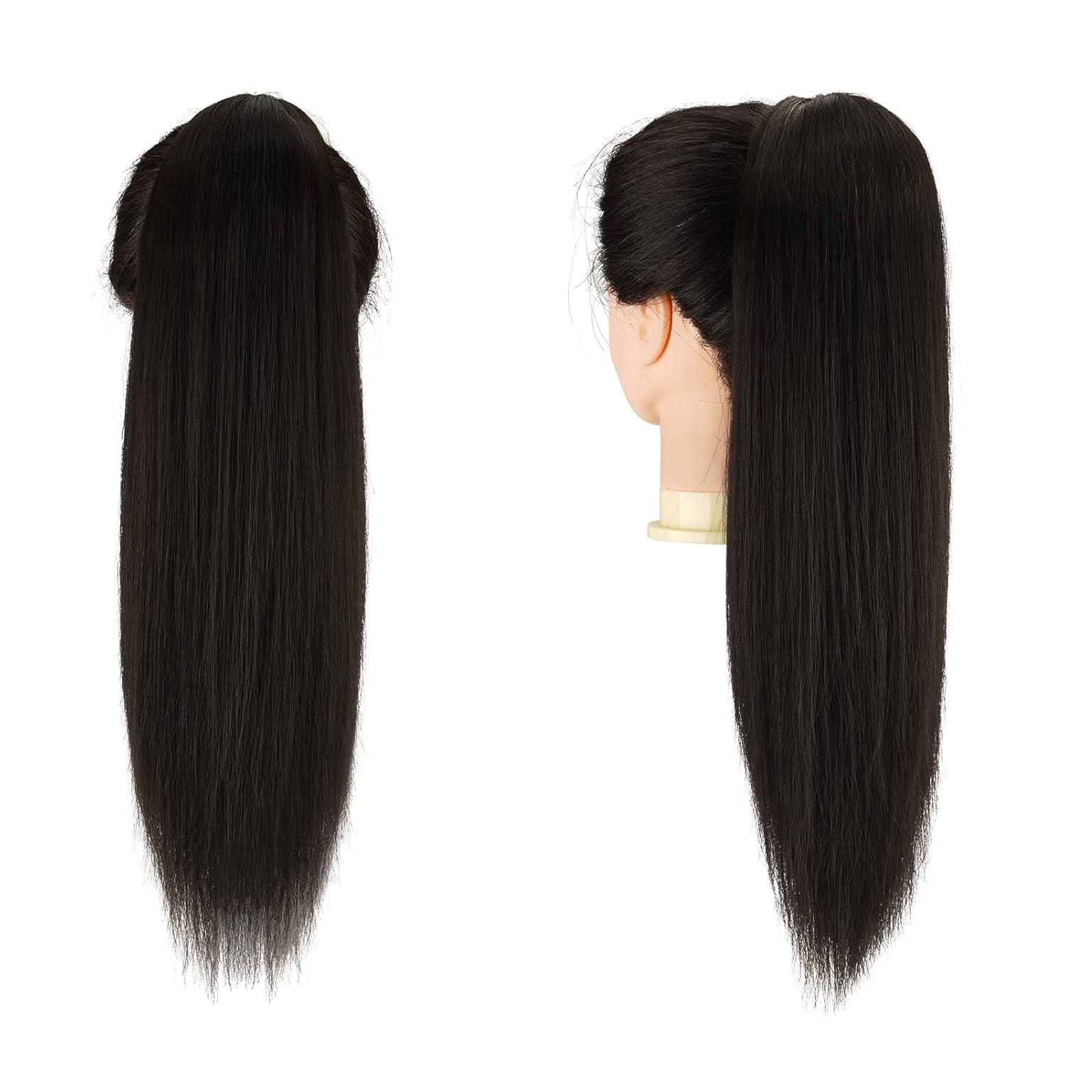 imageFESHFEN Drawstring Ponytail Extensions Natural Long Straight Clip in Synthetic Hair Pieces Drawstring Ponytails Hairpieces for Women Light Brown 20 inchBlack BrownDrawstring