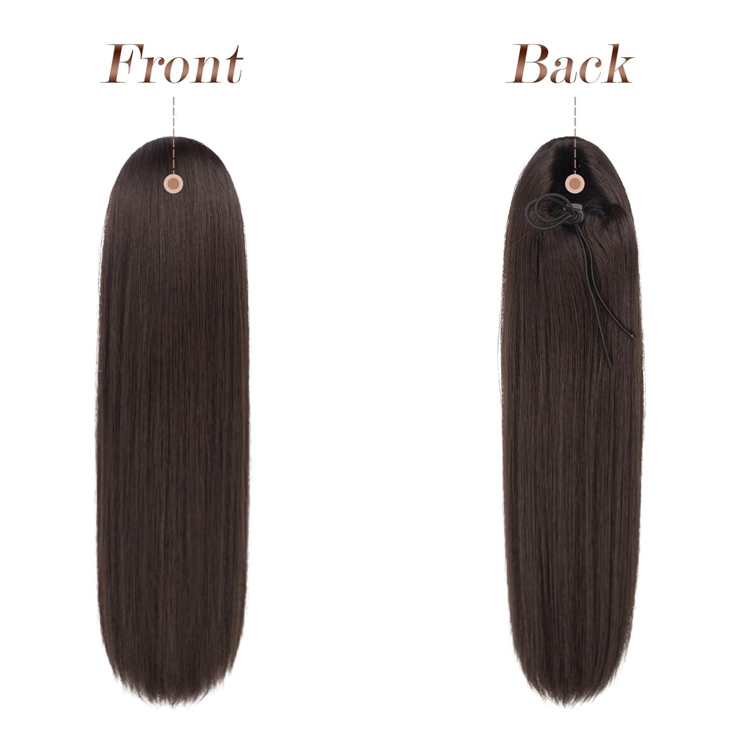 imageFESHFEN Drawstring Ponytail Extensions Natural Long Straight Clip in Synthetic Hair Pieces Drawstring Ponytails Hairpieces for Women Light Brown 20 inchBrownDrawstring