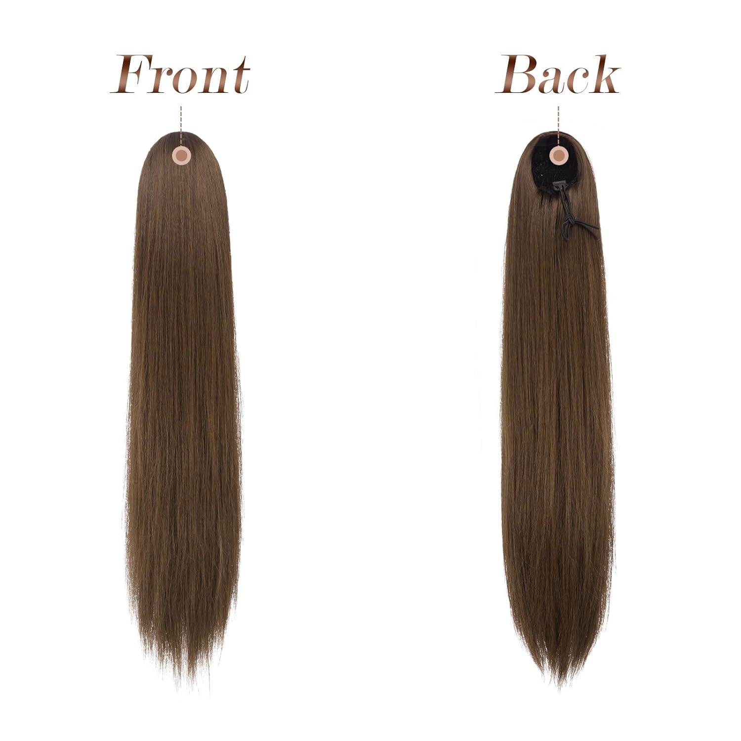 imageFESHFEN Drawstring Ponytail Extensions Natural Long Straight Clip in Synthetic Hair Pieces Drawstring Ponytails Hairpieces for Women Light Brown 20 inchMoss BrownDrawstring