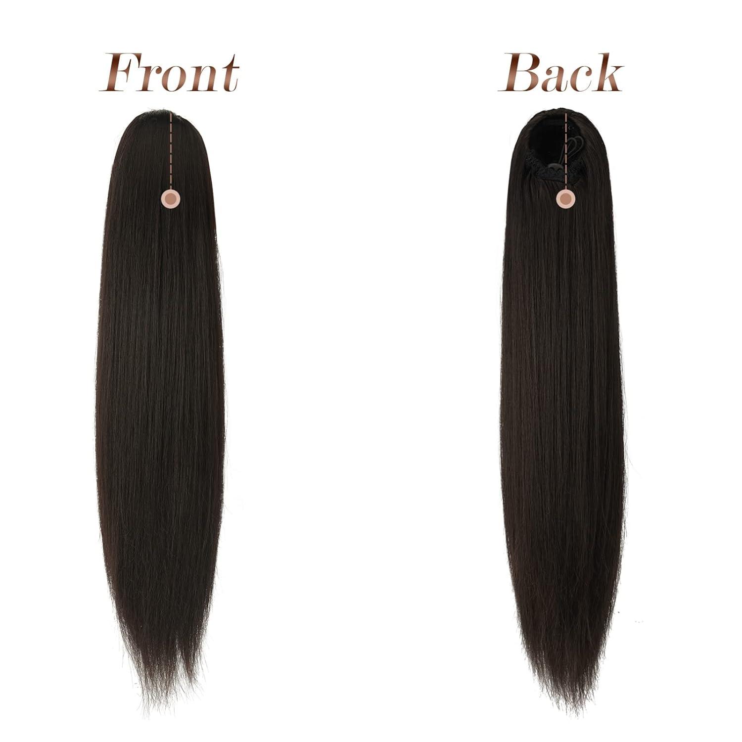 imageFESHFEN Drawstring Ponytail Extensions Natural Long Straight Clip in Synthetic Hair Pieces Drawstring Ponytails Hairpieces for Women Light Brown 20 inchBlack BrownDrawstring
