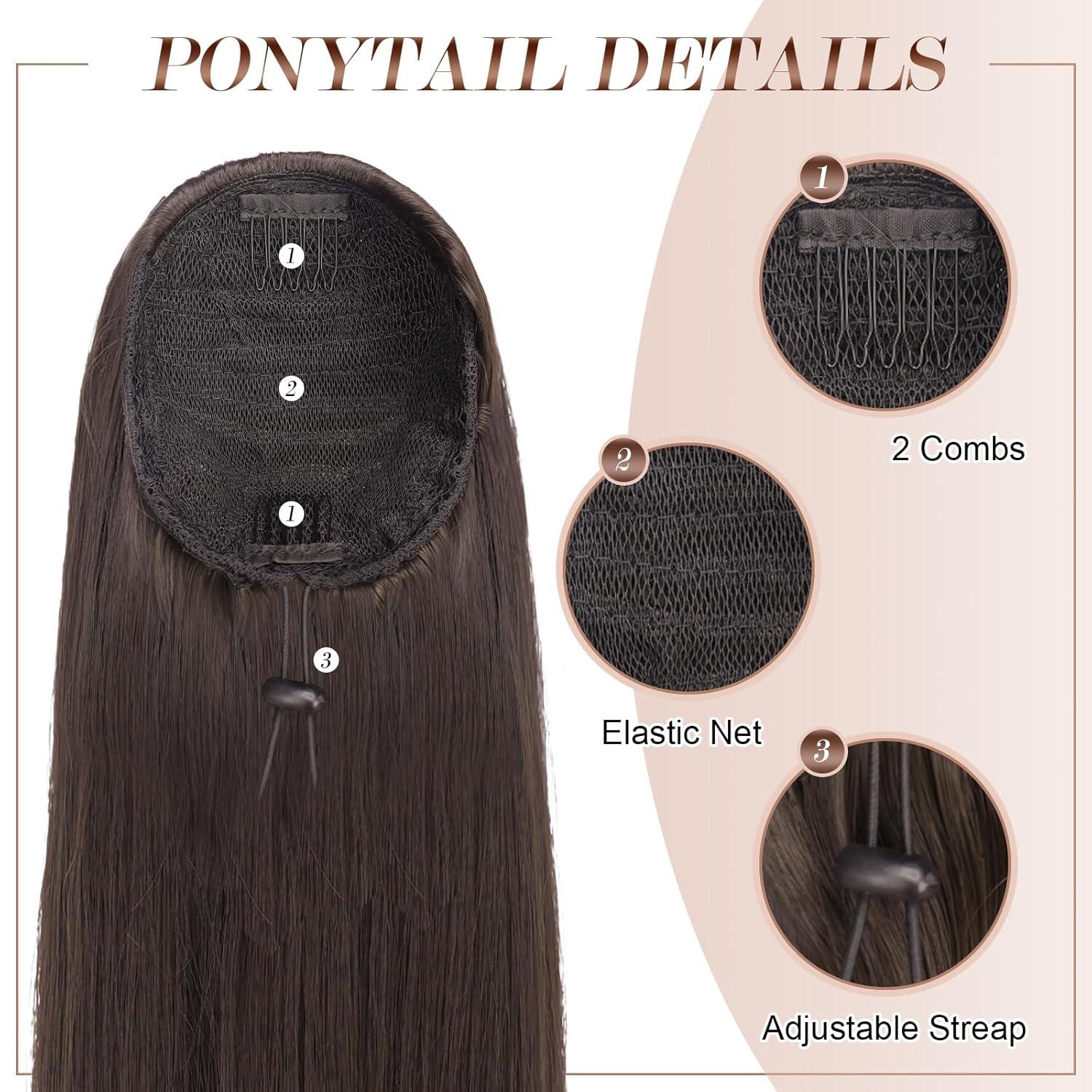 imageFESHFEN Drawstring Ponytail Extensions Natural Long Straight Clip in Synthetic Hair Pieces Drawstring Ponytails Hairpieces for Women Light Brown 20 inchBrownDrawstring