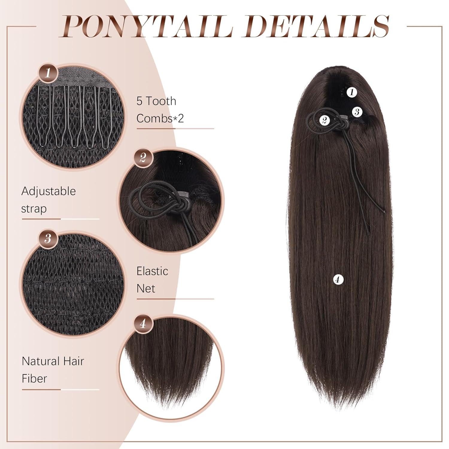 imageFESHFEN Drawstring Ponytail Extensions Natural Long Straight Clip in Synthetic Hair Pieces Drawstring Ponytails Hairpieces for Women Light Brown 20 inchBrownDrawstring