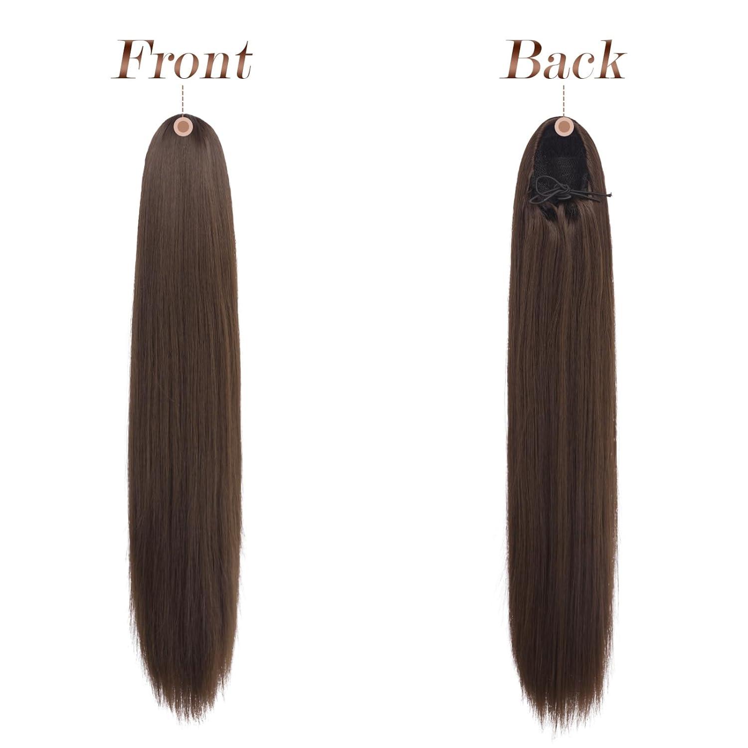 imageFESHFEN Drawstring Ponytail Extensions Natural Long Straight Clip in Synthetic Hair Pieces Drawstring Ponytails Hairpieces for Women Light Brown 20 inchLight BrownDrawstring