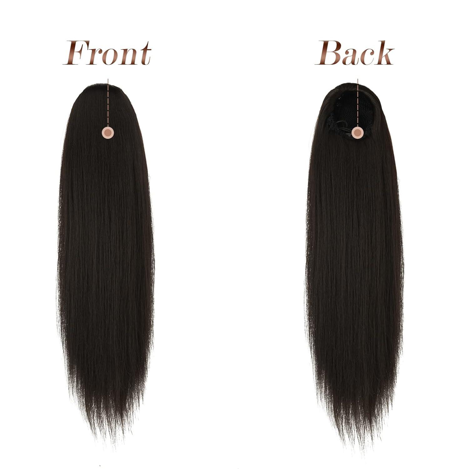 imageFESHFEN Drawstring Ponytail Extensions Natural Long Straight Clip in Synthetic Hair Pieces Drawstring Ponytails Hairpieces for Women Light Brown 20 inchBlack BrownDrawstring