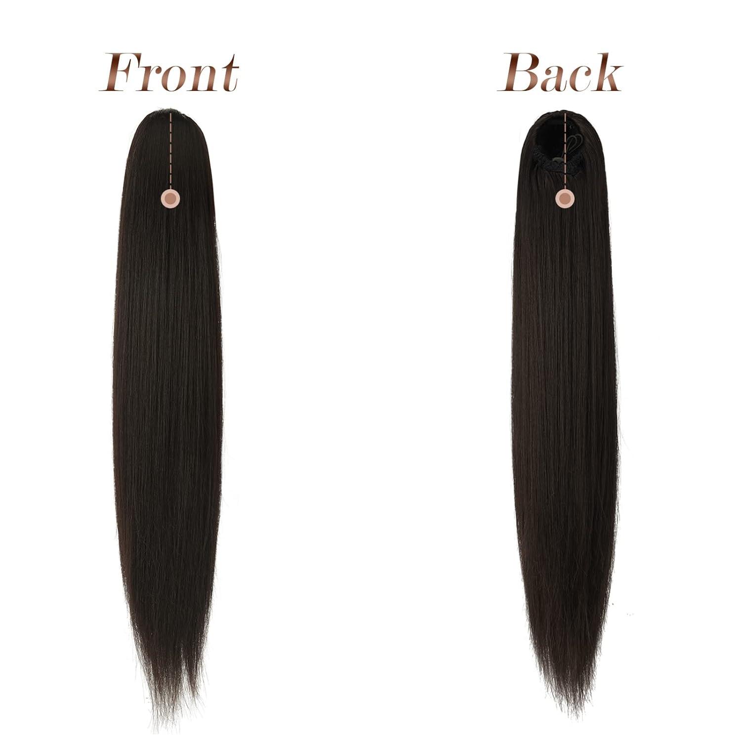 imageFESHFEN Drawstring Ponytail Extensions Natural Long Straight Clip in Synthetic Hair Pieces Drawstring Ponytails Hairpieces for Women Light Brown 20 inchBlack BrownDrawstring