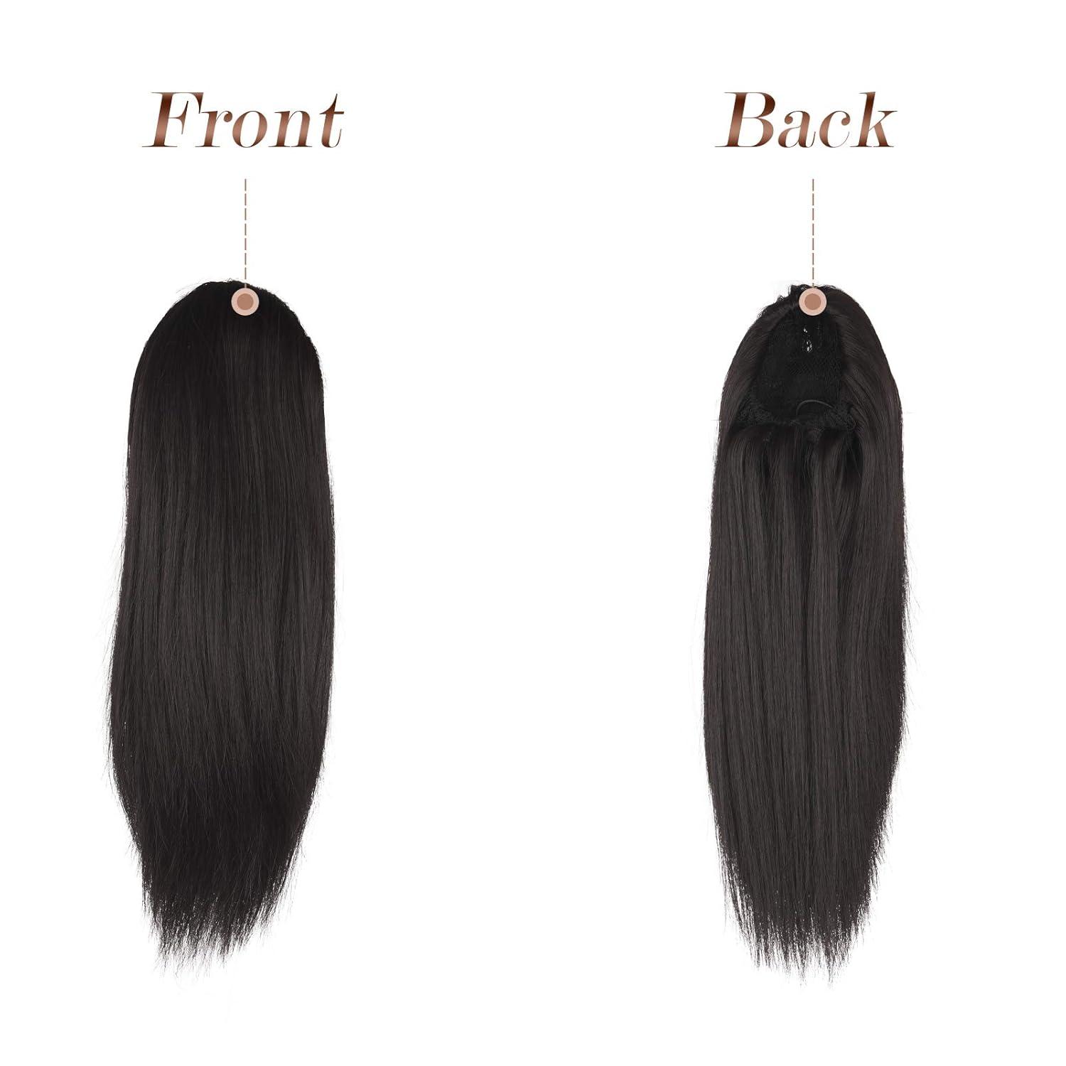 imageFESHFEN Drawstring Ponytail Extensions Natural Long Straight Clip in Synthetic Hair Pieces Drawstring Ponytails Hairpieces for Women Light Brown 20 inch4 Black BrownDrawstring