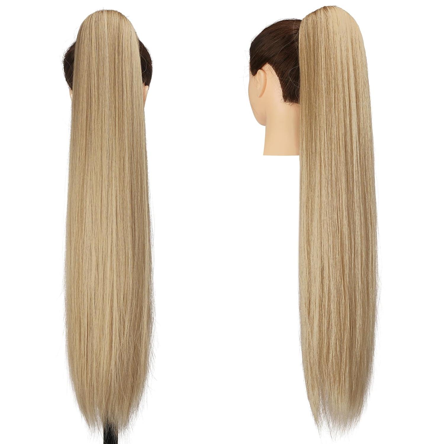 imageFESHFEN Drawstring Ponytail Extensions Natural Long Straight Clip in Synthetic Hair Pieces Drawstring Ponytails Hairpieces for Women Light Brown 20 inchMixed BlondeDrawstring