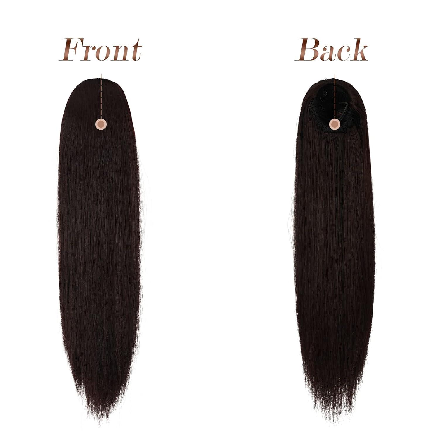 imageFESHFEN Drawstring Ponytail Extensions Natural Long Straight Clip in Synthetic Hair Pieces Drawstring Ponytails Hairpieces for Women Light Brown 20 inchDark BrownDrawstring