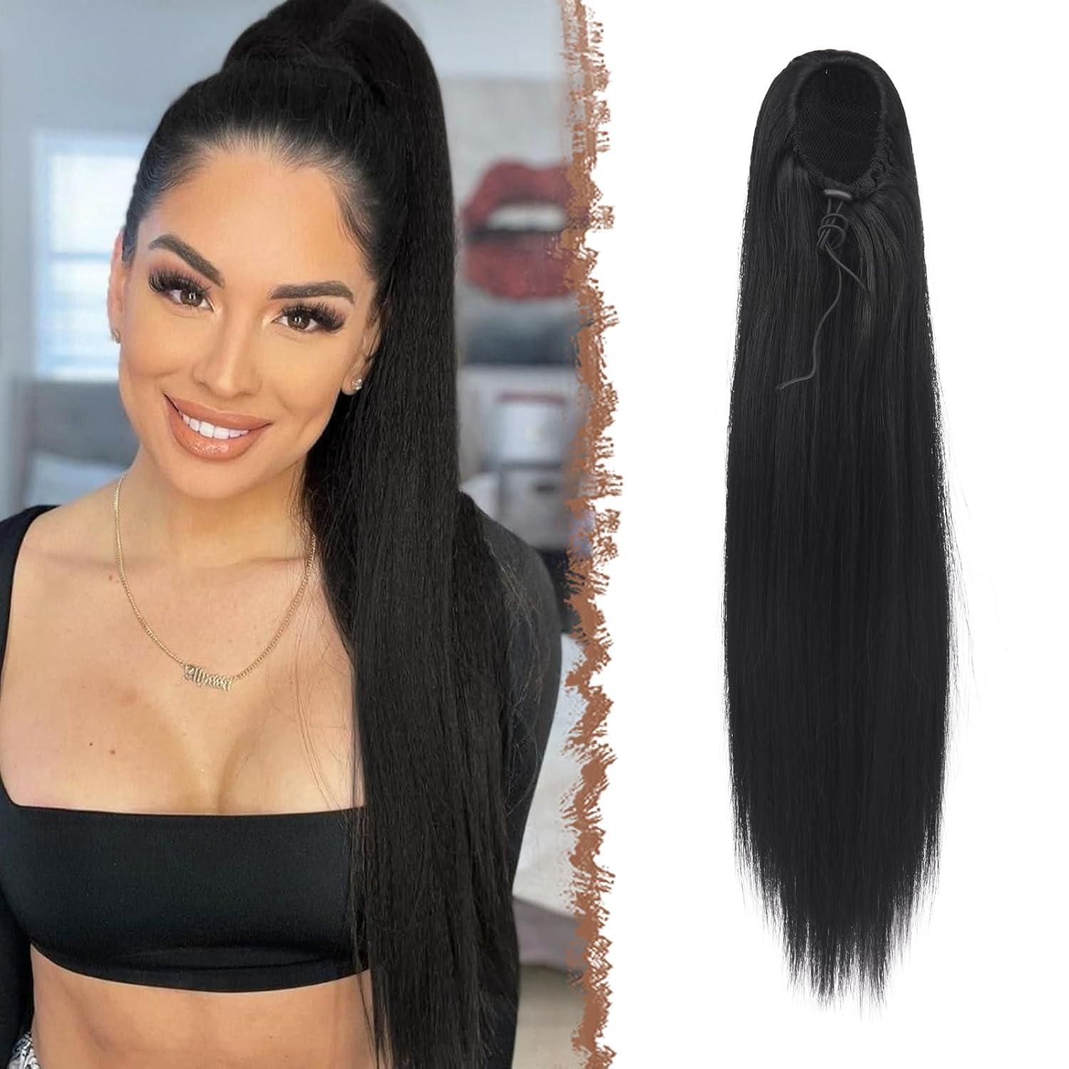 imageFESHFEN Drawstring Ponytail Extensions Natural Long Straight Clip in Synthetic Hair Pieces Drawstring Ponytails Hairpieces for Women Light Brown 20 inchNatural BlackDrawstring