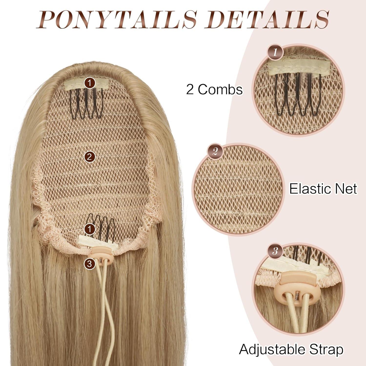 imageFESHFEN Drawstring Ponytail Extensions Natural Long Straight Clip in Synthetic Hair Pieces Drawstring Ponytails Hairpieces for Women Light Brown 20 inchMixed BlondeDrawstring