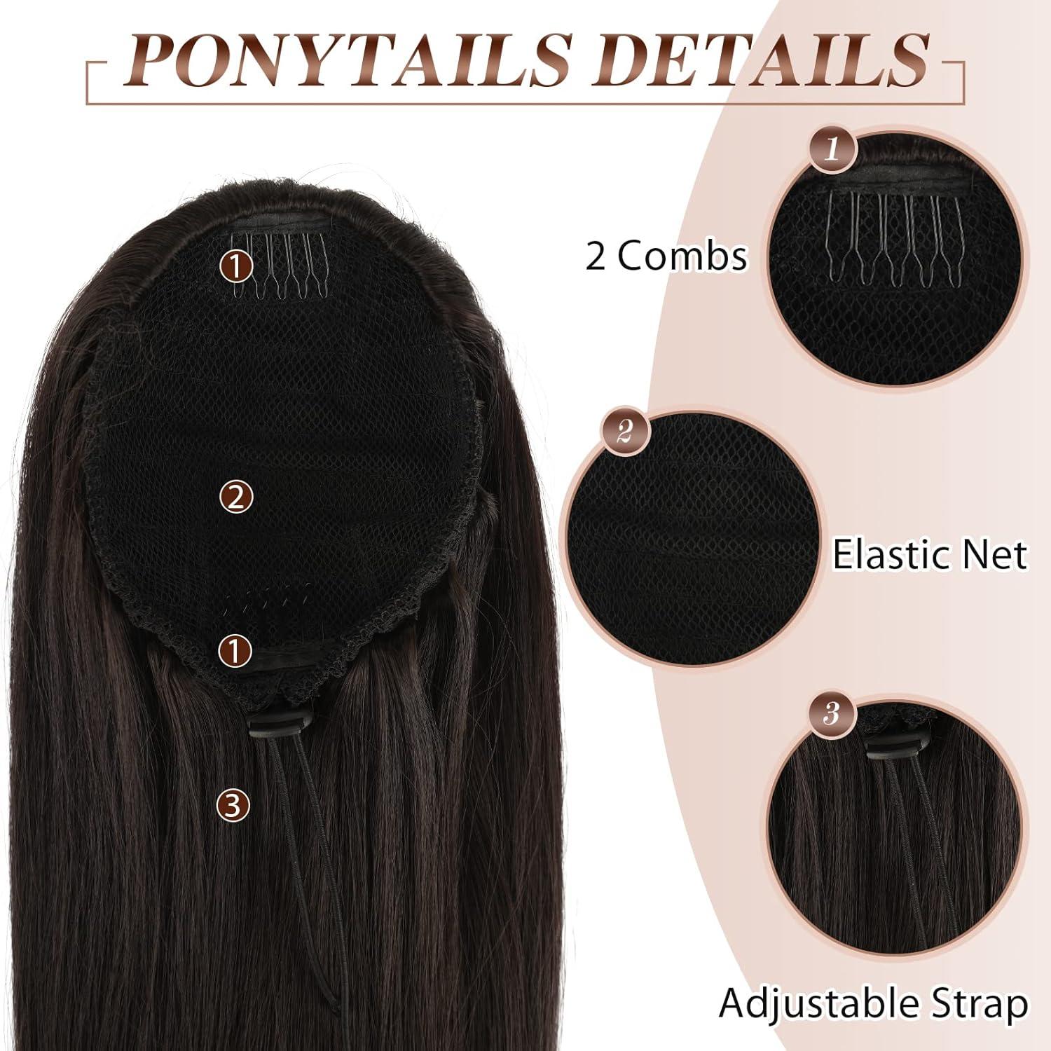 imageFESHFEN Drawstring Ponytail Extensions Natural Long Straight Clip in Synthetic Hair Pieces Drawstring Ponytails Hairpieces for Women Light Brown 20 inchBlack BrownDrawstring
