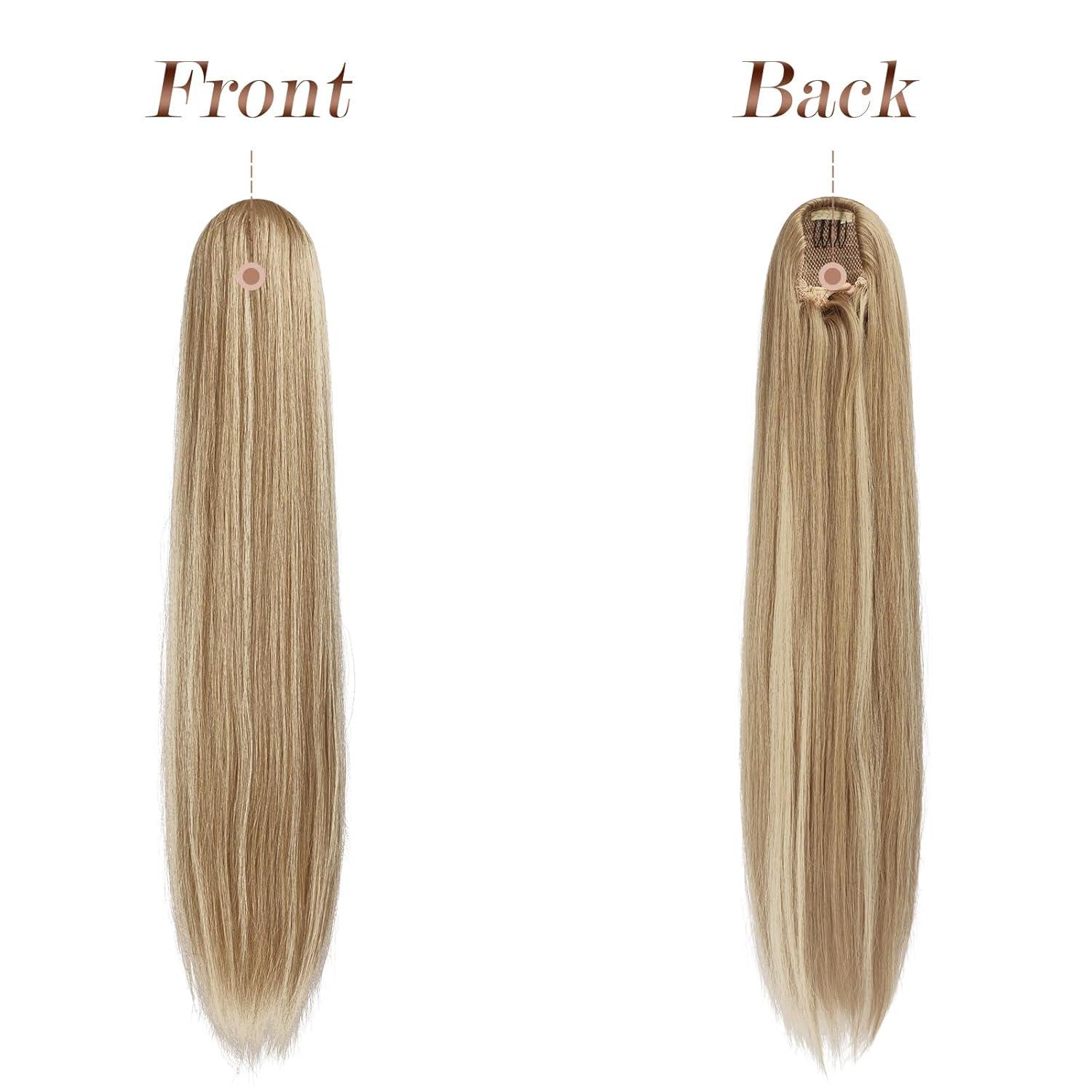 imageFESHFEN Drawstring Ponytail Extensions Natural Long Straight Clip in Synthetic Hair Pieces Drawstring Ponytails Hairpieces for Women Light Brown 20 inchMixed BlondeDrawstring