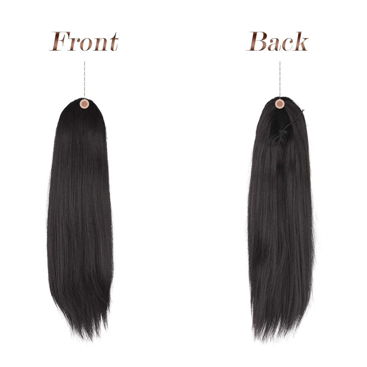 imageFESHFEN Drawstring Ponytail Extensions Natural Long Straight Clip in Synthetic Hair Pieces Drawstring Ponytails Hairpieces for Women Light Brown 20 inch4 Black BrownDrawstring