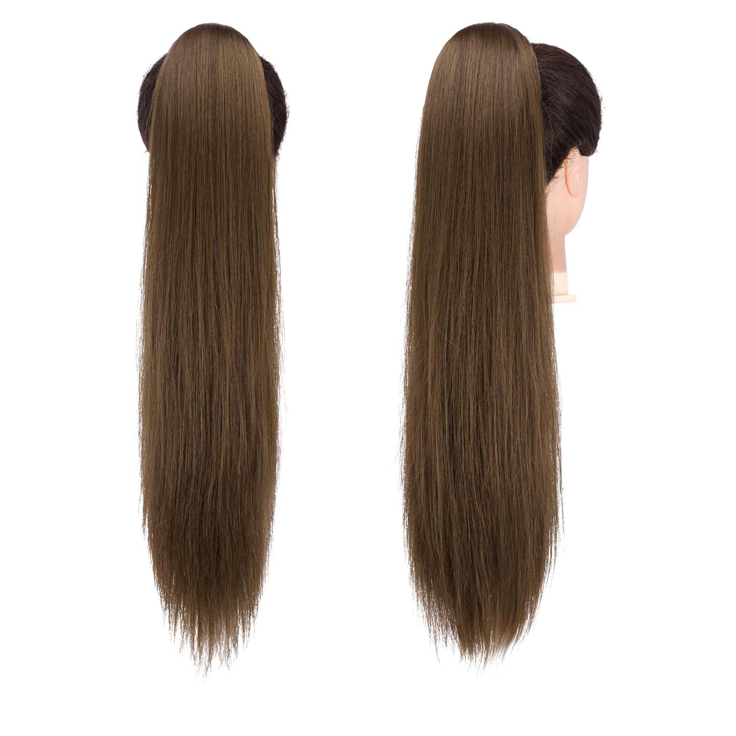 imageFESHFEN Drawstring Ponytail Extensions Natural Long Straight Clip in Synthetic Hair Pieces Drawstring Ponytails Hairpieces for Women Light Brown 20 inchMoss BrownDrawstring