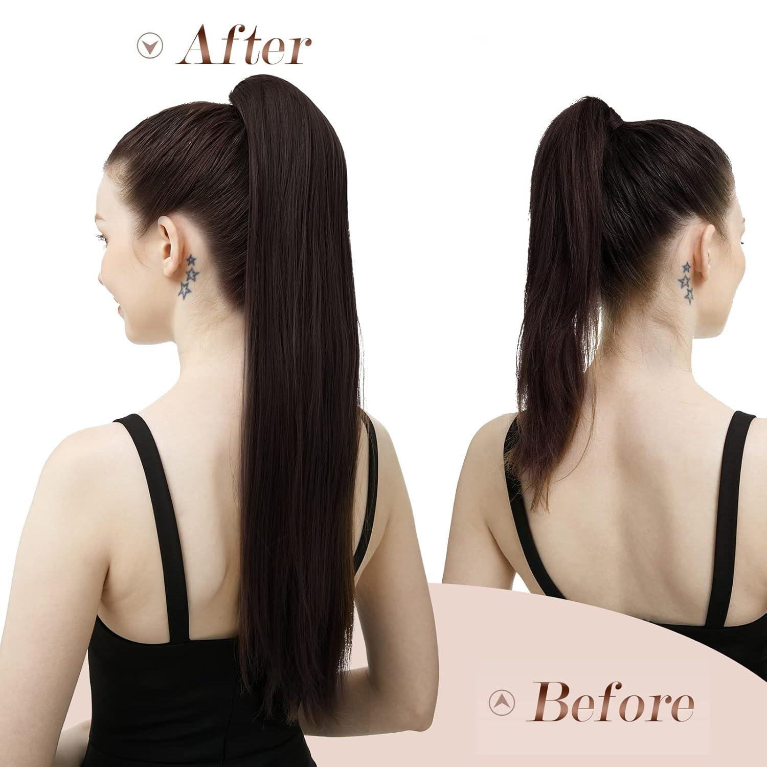 imageFESHFEN Drawstring Ponytail Extensions Natural Long Straight Clip in Synthetic Hair Pieces Drawstring Ponytails Hairpieces for Women Light Brown 20 inch1 Natural BlackDrawstring