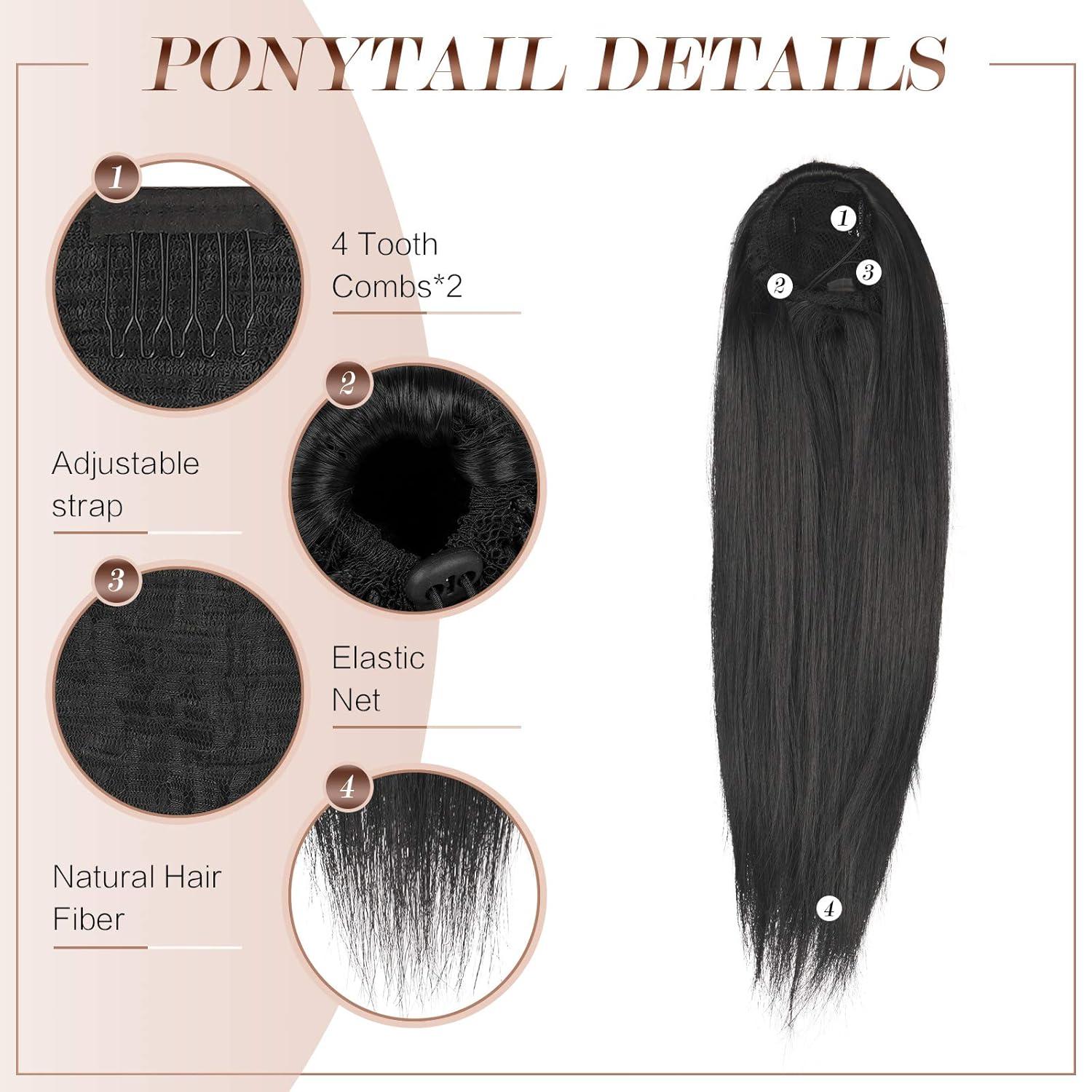 imageFESHFEN Drawstring Ponytail Extensions Natural Long Straight Clip in Synthetic Hair Pieces Drawstring Ponytails Hairpieces for Women Light Brown 20 inch1 Natural BlackDrawstring
