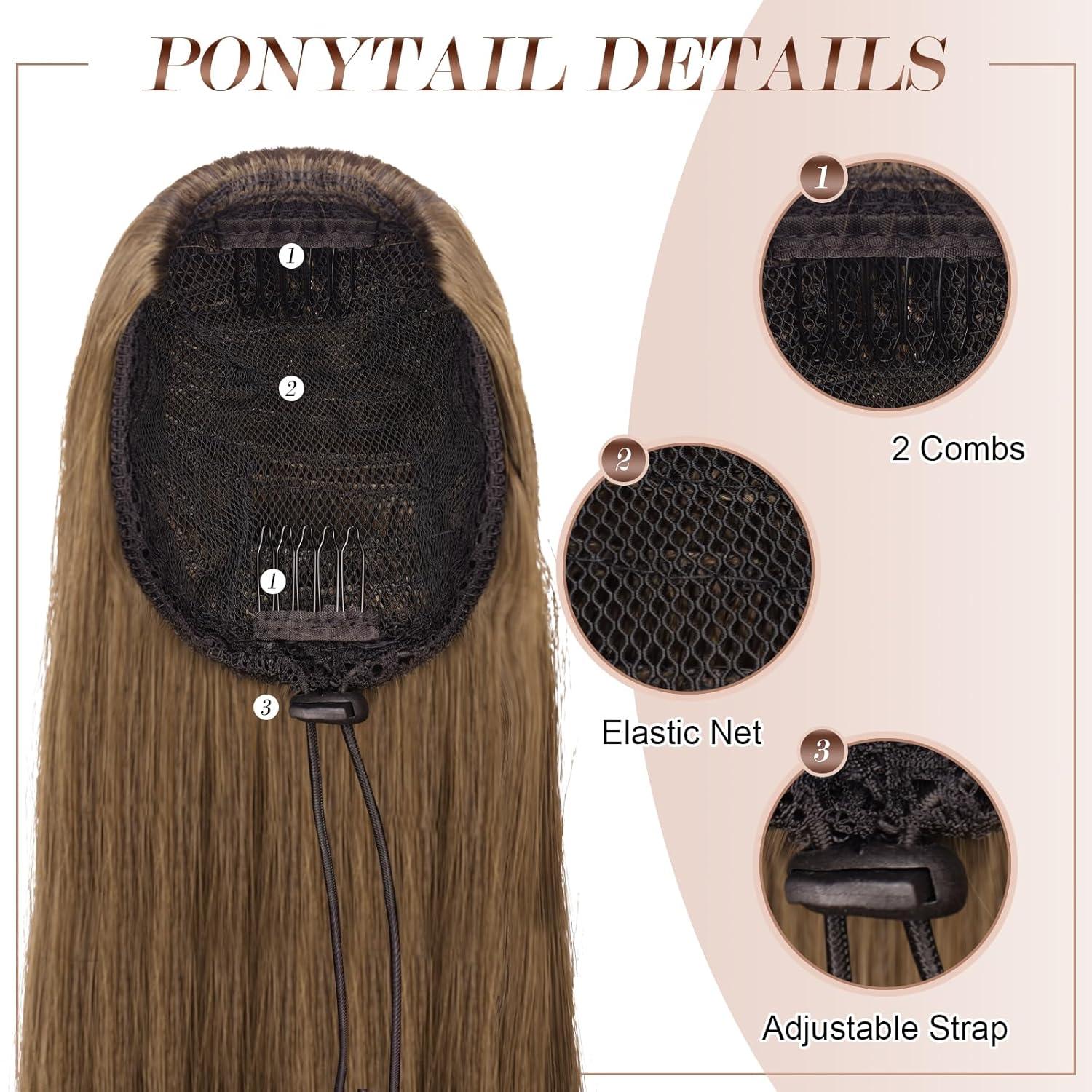 imageFESHFEN Drawstring Ponytail Extensions Natural Long Straight Clip in Synthetic Hair Pieces Drawstring Ponytails Hairpieces for Women Light Brown 20 inchMoss BrownDrawstring