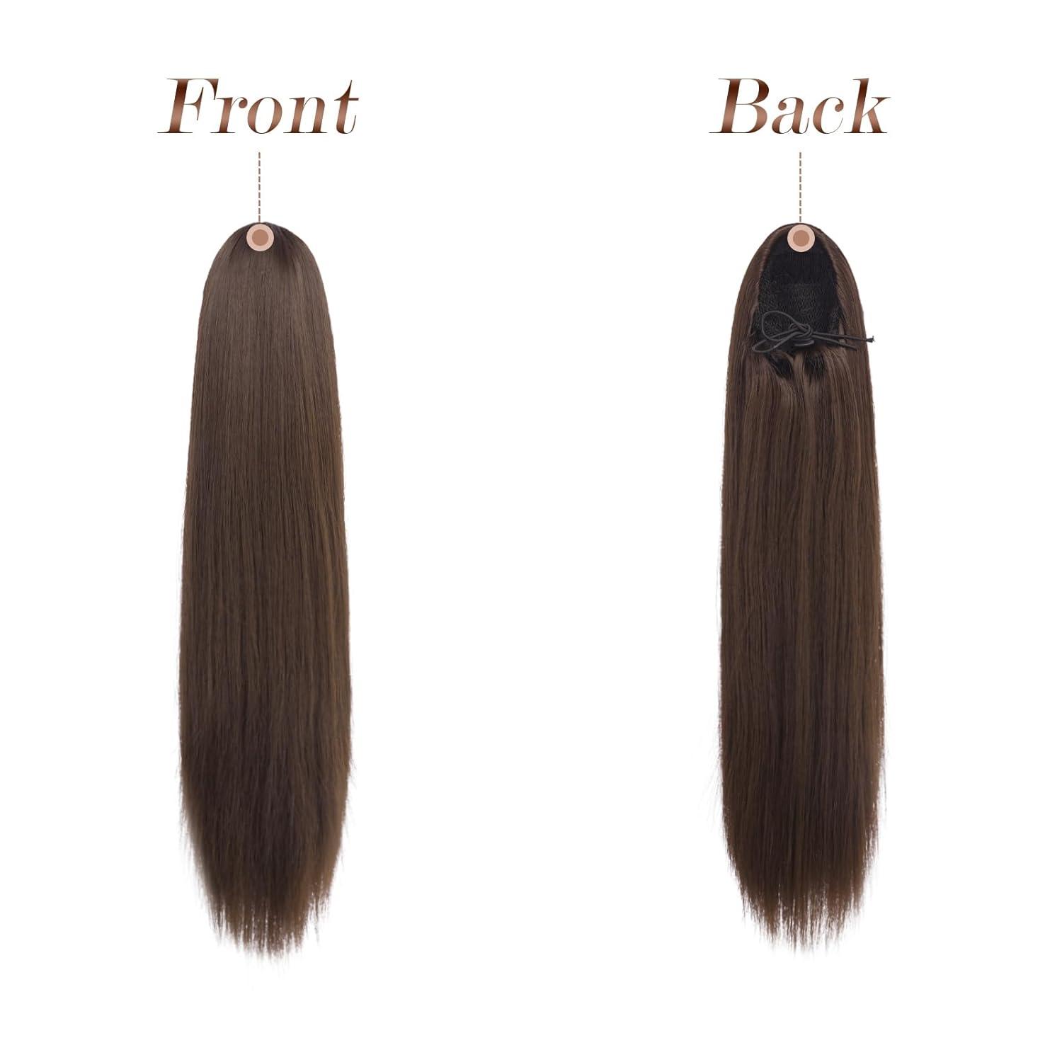 imageFESHFEN Drawstring Ponytail Extensions Natural Long Straight Clip in Synthetic Hair Pieces Drawstring Ponytails Hairpieces for Women Light Brown 20 inchLight BrownDrawstring