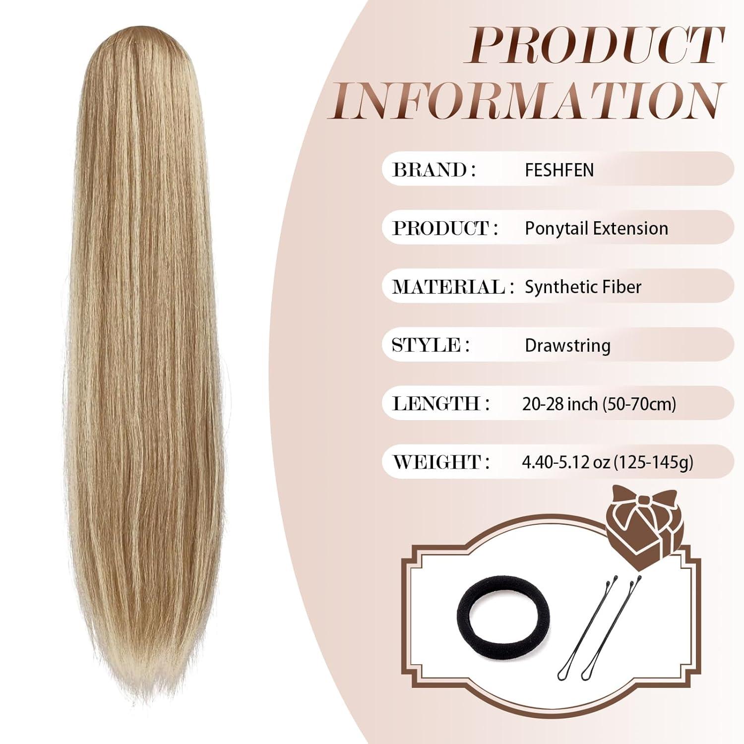 imageFESHFEN Drawstring Ponytail Extensions Natural Long Straight Clip in Synthetic Hair Pieces Drawstring Ponytails Hairpieces for Women Light Brown 20 inchMixed BlondeDrawstring